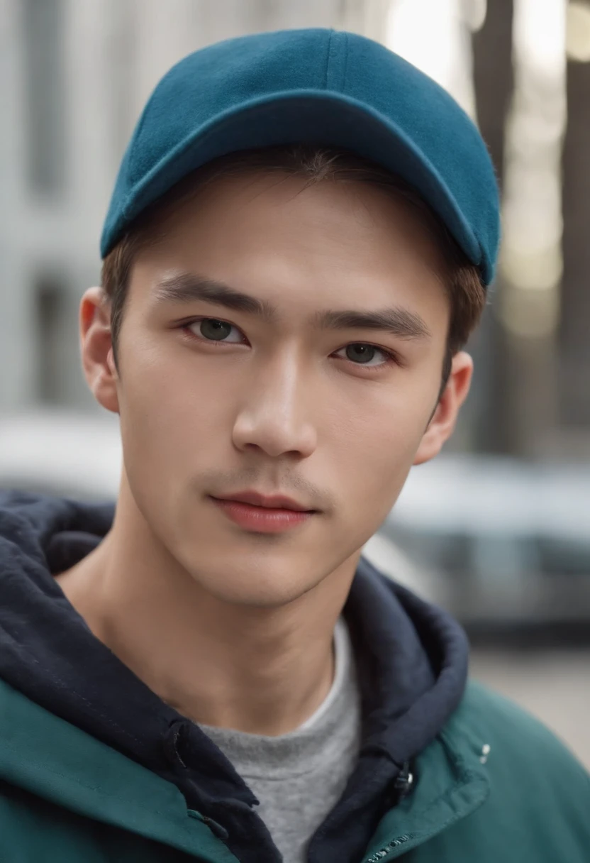 (((best quality, 8k))) Korean race, fair complexion, man around 26 years old, has blond hair, medium length hair, styled hair, distinctive green eyes, wearing a blue baseball cap, sharp jawline, handsome, wearing dark green jacket, no facial hair, ultra sharp focus, realistic shot, tetradic colors