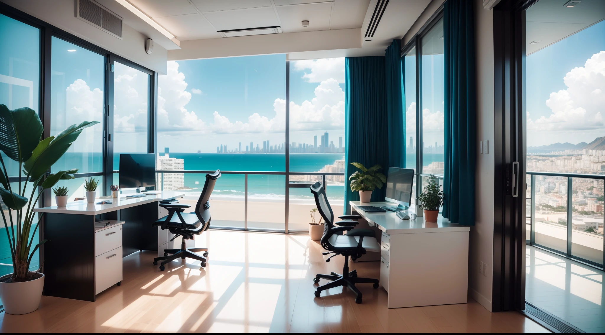 a vivid, detailed day trading office located on the twentieth floor of a skyscraper in Benidorm, overlooking the sea. ((just one desk)), sleek modernity of the office design, breathtaking view of the sea and Benidorm skyline. award-winning photography of an indoor-outdoor trading floor, modern design, architectural photography, photorealism, 8k, uhd, maximum detail, sony alpha 7R