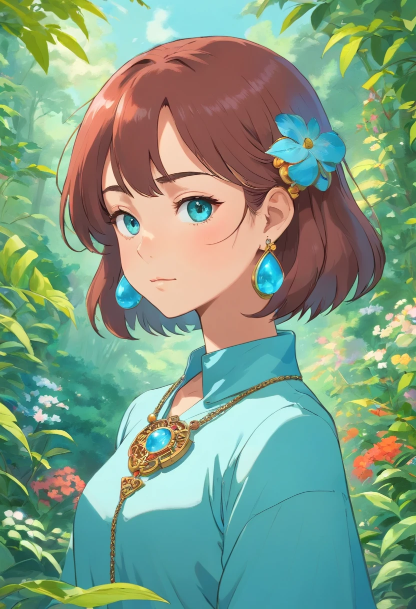 a girl wearing an anime collar, a long necklace and earrings, in the style of tranquil gardenscapes, colorful animation stills, masami teraoka, aquamarine, paul gauguin, Embry style, honest portrayal,{{NSFW}}