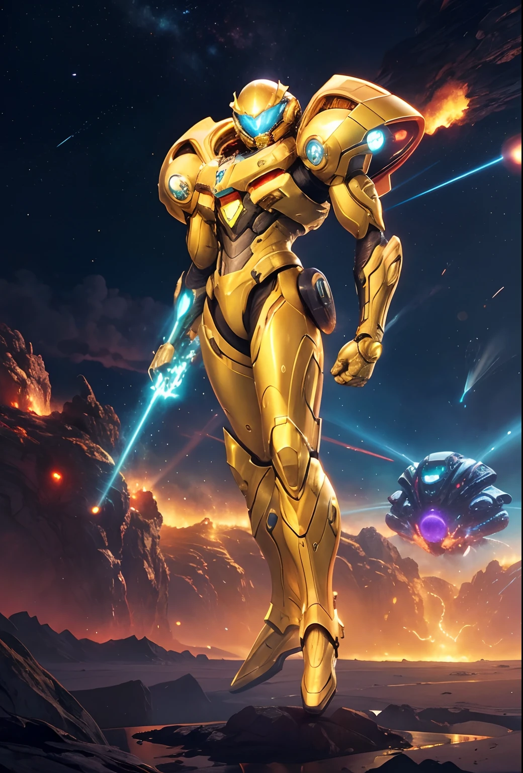 samus, samus aran, samus aran bioorganic varia suit, golden and copper shining armor, metroid, ultra mega detailed, scarab reploid, hd masterpiece, space background, vibrant colors, illuminated by bright stars, intense epic battle, fiery explosions, high-tech weapons, dynamic action poses, adrenaline-pumping scenes, futuristic city skyline, steam rising from damaged buildings［sci-fi:0.9］, laser beams piercing through the atmosphere, powered by advanced technology, intricate circuitry on the suit［detailed:1.1］, menacing alien creatures lurking in the shadows, intense reflection of light on the armor, translucent energy shields［photorealistic］, glowing power cores, epic metroid boss fight, otherworldly landscapes, gravity-defying jumps and acrobatics, widescreen cinematic perspective［landscape］, heroic determination in the eyes of Samus, glowing eyes of the scarab reploid［realistic］, subtle mist and smoke effects, vibrant explosions of color, motion blur enhancing the sense of speed and action, powerful energy blasts illuminating the scene, intricate textures on the armor［ultra-fine painting］, intricate alien architecture in the distance, ominous thunderstorm in the background, dramatic lighting casting long shadows, dynamic use of perspective, immersive atmosphere of suspense and excitement, highly-detailed spaceships, debris floating in zero gravity, advanced technology merging with organic elements, reflection of stars on the shiny armor, realistic reflections on the visor of the helmet［physically-based rendering］, thrilling adventure through alien worlds, iconic pose of Samus holding her arm cannon, energy beams ripping through enemies［sharp focus］, breathtaking moments of destruction and chaos, intergalactic warfare, the infinite vastness of space, emblematic symbol of heroism and courage, untold mysteries of the universe waiting to be discovered.