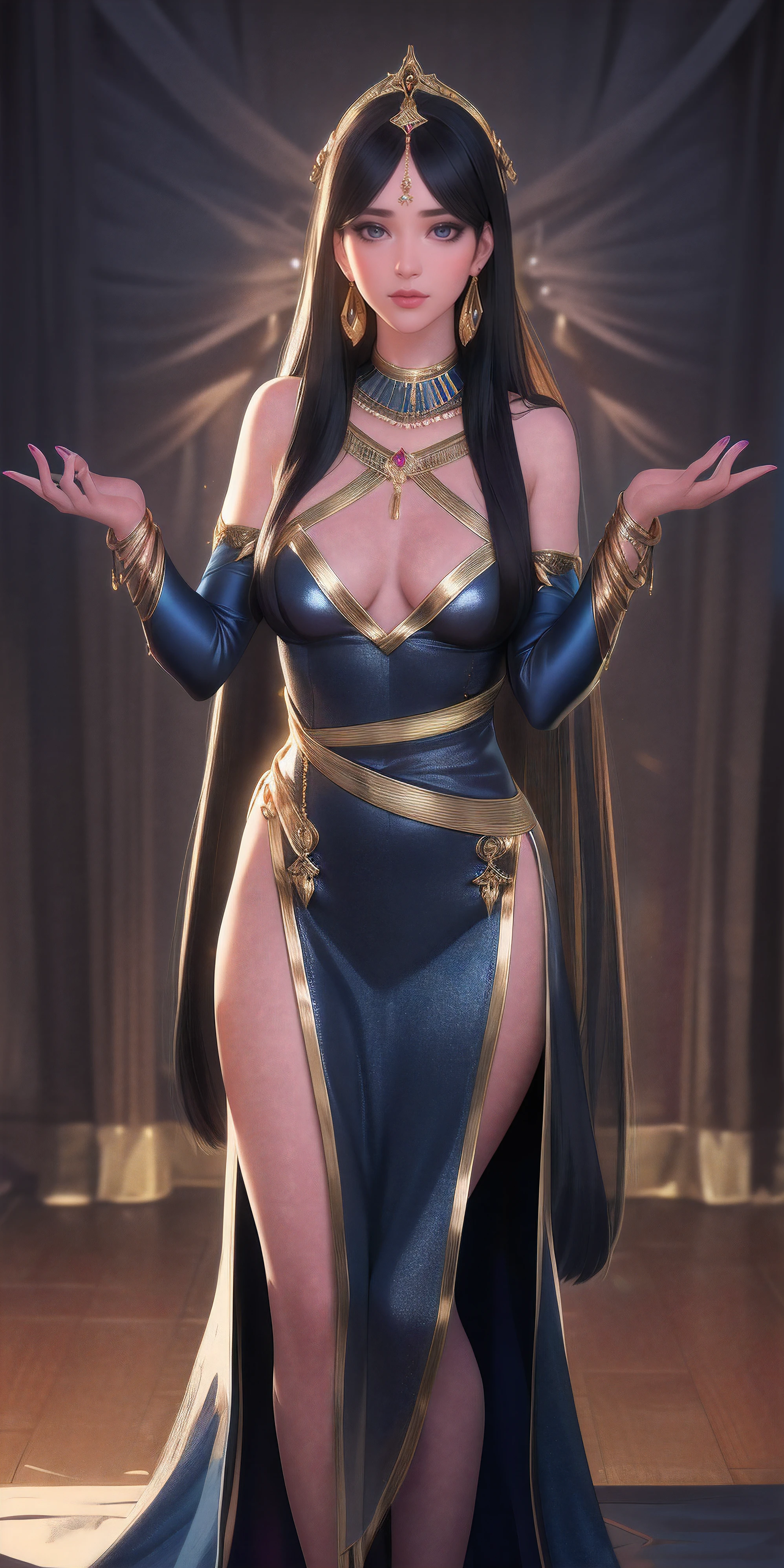 POV,(8k, RAW photo, best quality, masterpiece:1.2),(realistic, photo-realistic:1.37),photo mapping,professional lighting,radiosity,1girl,solo,long_hair,(bracelet:1.1),(long legs:1.2),(earrings:1.1),physically-based rendering,proscenium,performance,Egyptian costumes,dark blue and gold dress,shinny dress,Correct hands,Overhead halo,Lights illuminate the face in a dark room,