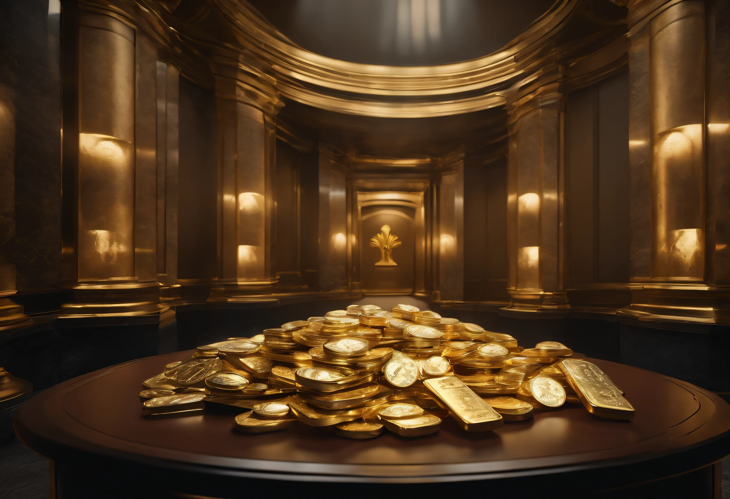 (a table inside the vault of a bank with lots of money, gold bars, jewelry, ultra-definition, realistic, 8k