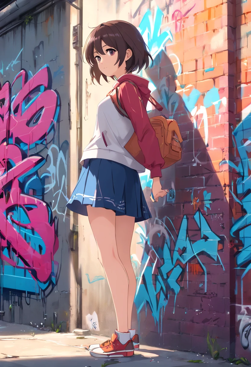 obra maestra, mejor calidad, 1girl, solo, crop top, mini falda, gargantilla, (graffiti: 1.5), salpicadura de pintura, arms  behind  back, contra la pared, mirando al espectador, brazalete, correa para el muslo, head bowing, aburrido, cabello multicolor, ojos rosa,