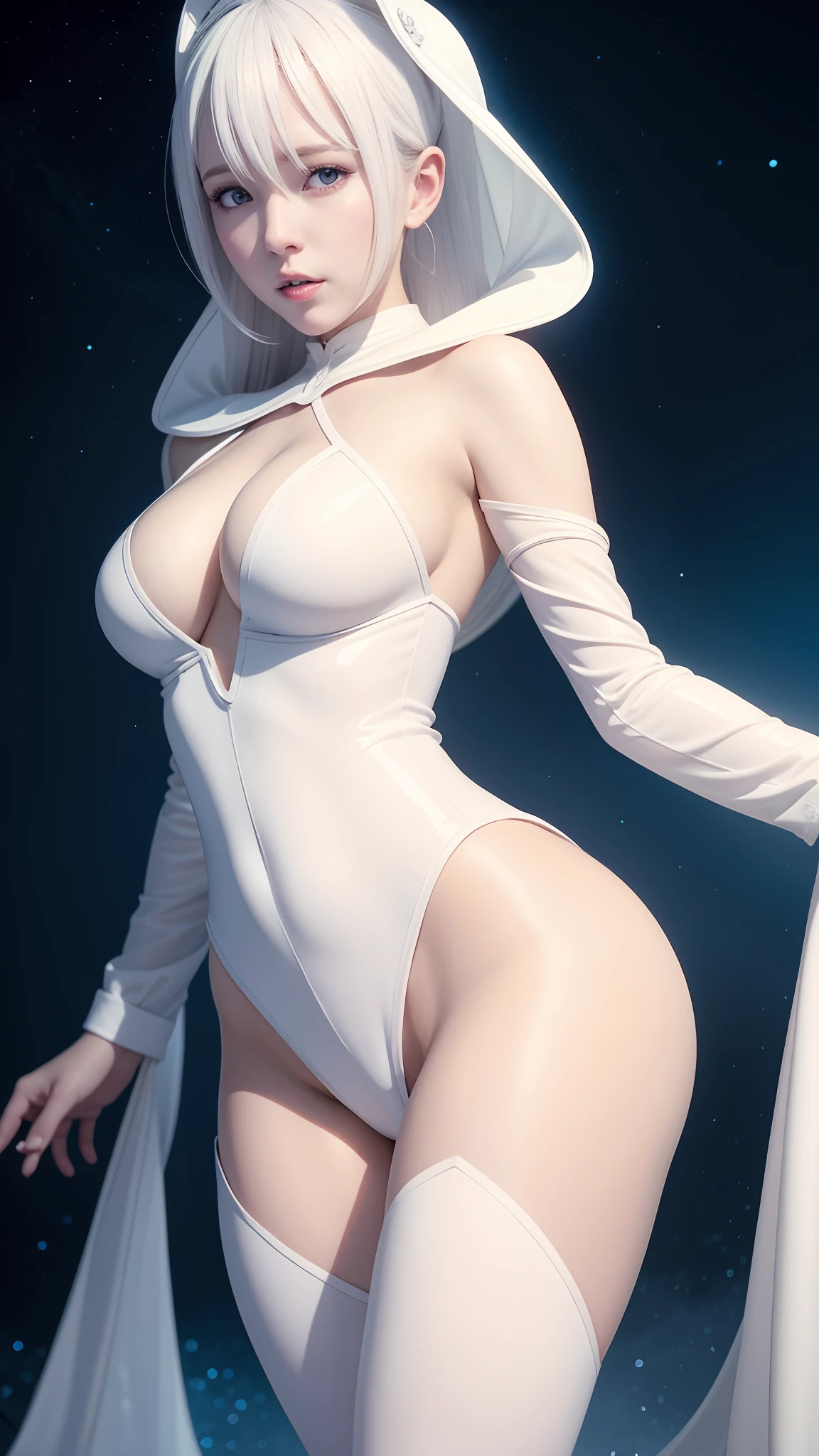 Arabi posed for a white photo, Smooth translucent white skin, wearing atsuko kudo latex outfit, Shiny white skin, pale snow-white skin, pale milky white porcelain skin, White tight-fitting robe!, Translucent white skin, Albedo from Overlord, cosplay, Role play by Queen White Halley,The expression is cold