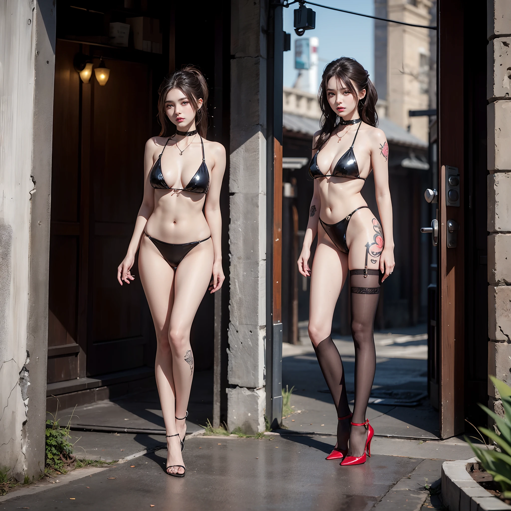 ((masterpiece:1.4)、(top-quality:1.4)、(reallistic:1.7))、a beauty girl、Super sexy girl、Super beautiful girl、((1girl in:1.4))、Shiny natural skin texture、Glossy luxury latex、Luxury Latex Bodysuit、Very revealing sexy outfits、By Luis Royo、age19、Super Ultra Ultra Bikini、(Cute tattoos:1.4)、(standingn)、(full body Esbian:1.4)、(Two arms:1.4、Two legs:1.4)、(perfect anatomia:1.4)、(Perfect female body:1.4)、Portrait photo of a girl、Soft front light、beautiful countenance、kawaii faces、Beautiful udder、Colossal tits、Beautiful ass、A detailed eye、Draw eyes clearly and beautifully、beautidful eyes、Narrow waist、Raw photo、red-lips、Red high heels、Long hair keeps together in a cool way、poneyTail、a choker、a necklace、耳Nipple Ring、1 screen display、Beautiful girl standing on the ruins of an ancient city