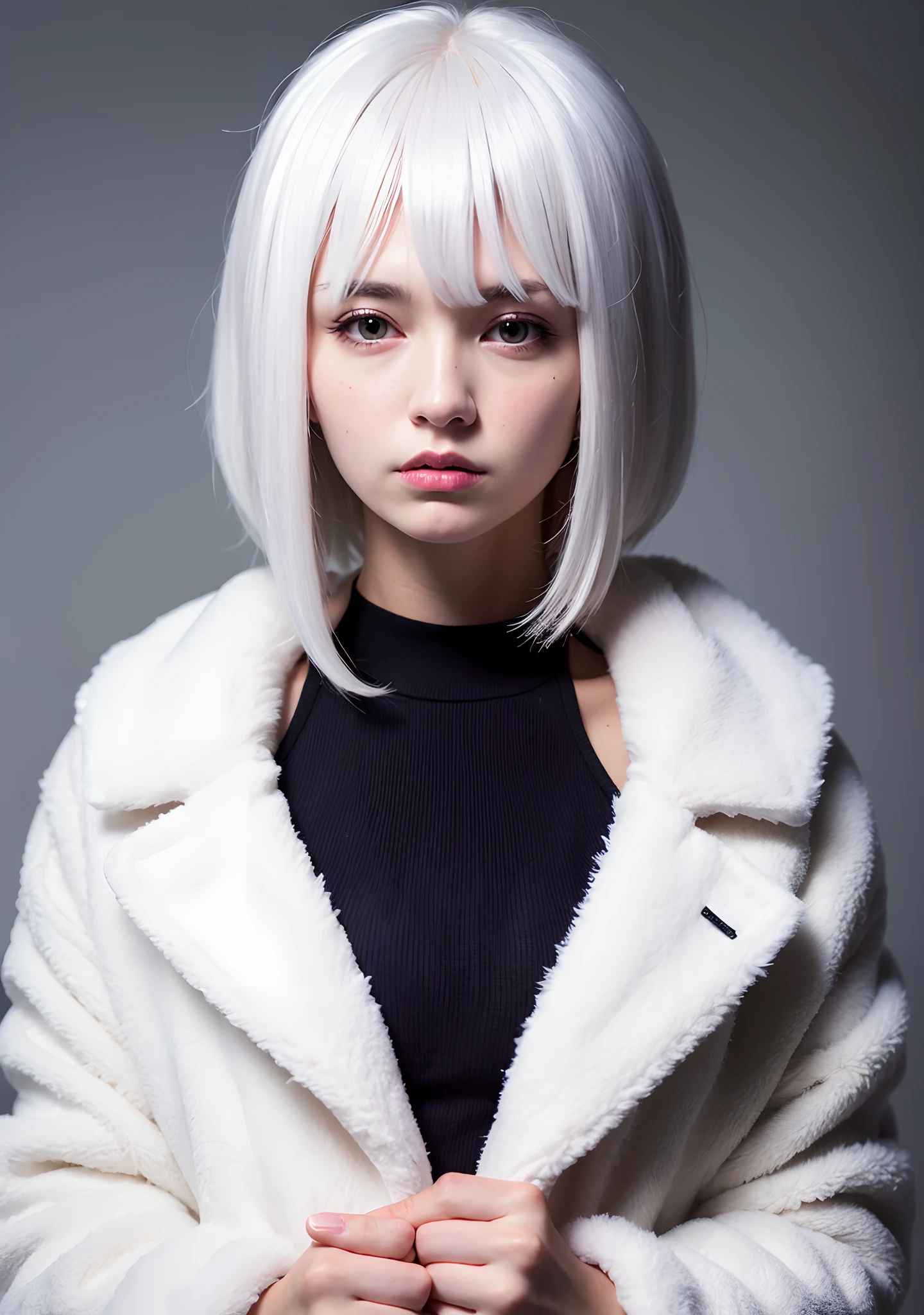 Woman, white hair, red eyes, blue , blue white fur coat, emotionless face.