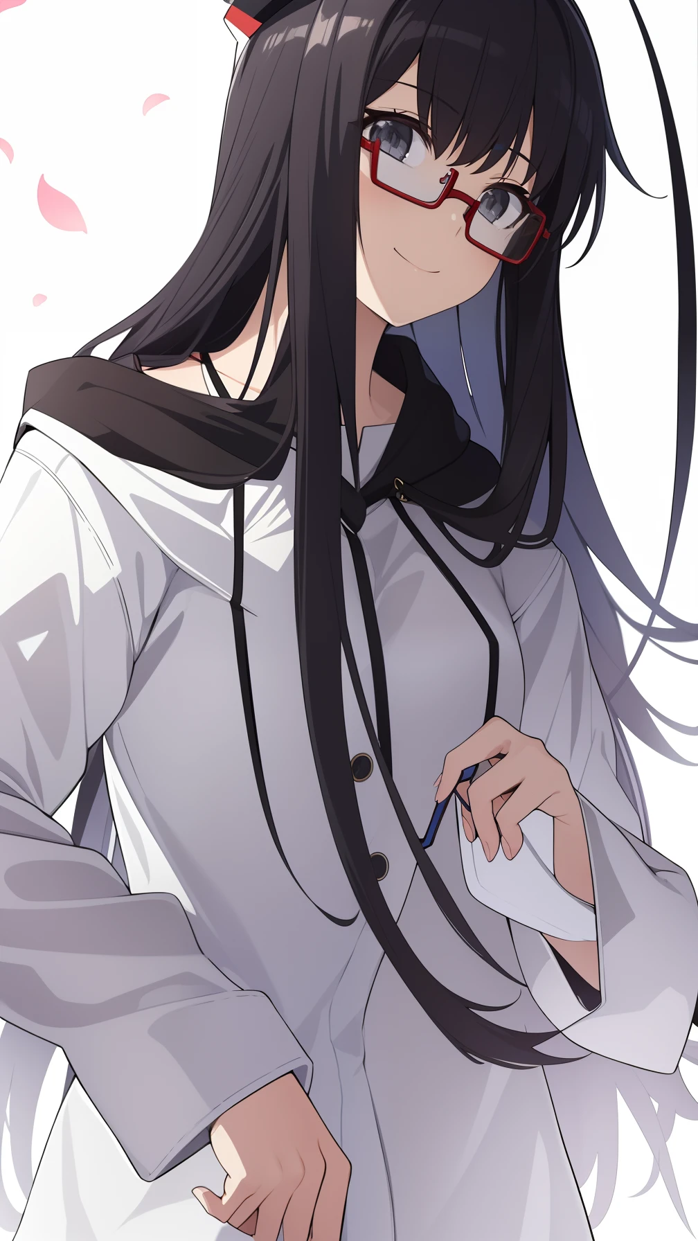 beautiful, masterpiece, best quality, extremely detailed face, perfect lighting, 1girl, bangs, empty_eyes, black_hair, blunt_bangs, grey eyes, grey sleeves, headband_around_neck, highres, hime cut, hooded_cardigan, long sleeves, looking_at_viewer, petals, smile, solo, straight hair, upper body, military hat, perfect body, (((glasses))), (red framed eyewear:1.3)