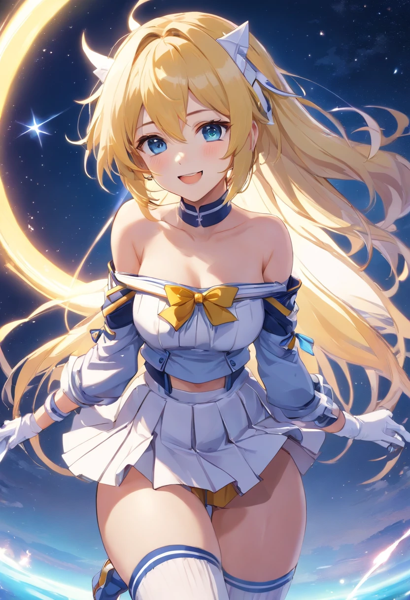 Raiden shogun (genshin impact), (masterpiece, best quality, illustration, delicate details, 8K:1.2), (studio light, best shadow, picturesque, styleadder), (sharp eyeliner, (symmetric eyes, perfect eyes, detailed eyes), finely detailed beautiful face, perfect anatomy), 1girl, solo,FletcherKC, (blue) serafuku, (long sleeves) shirt, (off shoulder) shirt, (white) ,((pleated skirt)), ((white) thighhighs), (white) sailor collar, (yellow) neckerchief, (white) gloves, (star) hair ornament, (headgear) hair ornament, (white) hairband,((upperbody))open mouth, smile, (White background), (((hand on floor,))),,(((all fours,full body)))