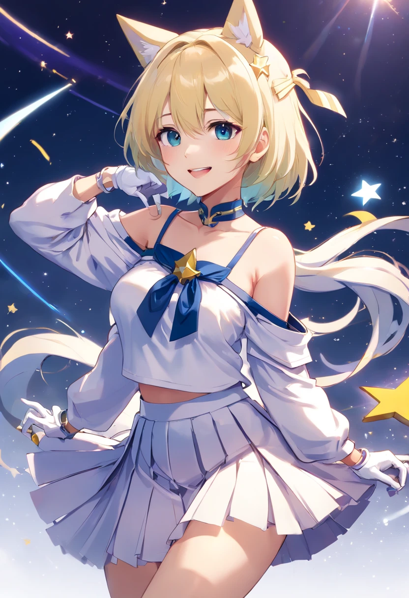 Raiden shogun (genshin impact), (masterpiece, best quality, illustration, delicate details, 8K:1.2), (studio light, best shadow, picturesque, styleadder), (sharp eyeliner, (symmetric eyes, perfect eyes, detailed eyes), finely detailed beautiful face, perfect anatomy), 1girl, solo,FletcherKC, (blue) serafuku, (long sleeves) shirt, (off shoulder) shirt, (white) ,((pleated skirt)), ((white) thighhighs）, (white) sailor collar, (yellow) neckerchief, (white) gloves, (star) hair ornament, (headgear) hair ornament, (white) hairband,((upperbody))open mouth, smile, (White background),  (((hand on floor,))),,(((all fours,full body)))