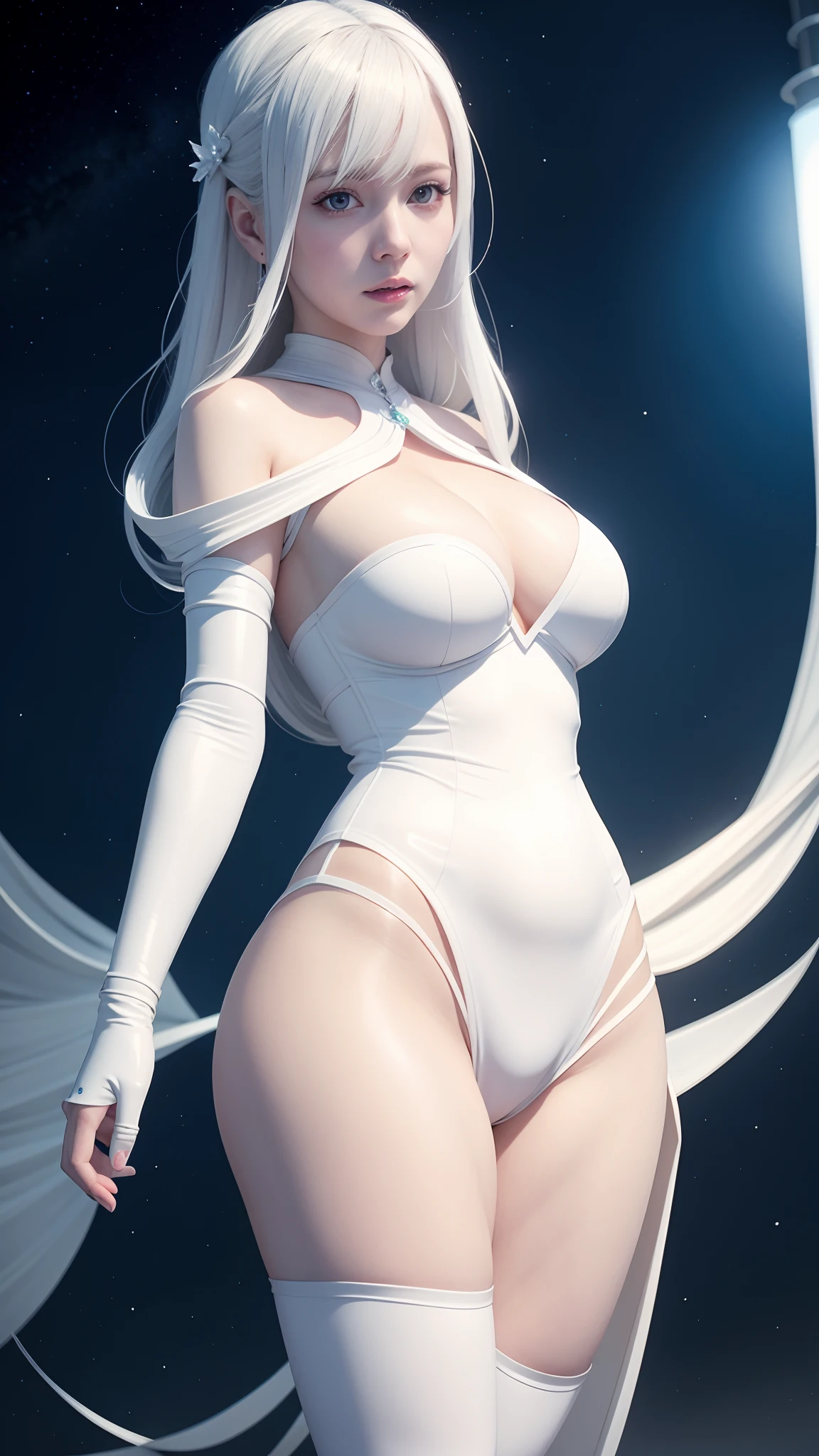 Arabi posed for a white photo, Smooth translucent white skin, wearing atsuko kudo latex outfit, Shiny white skin, pale snow-white skin, pale milky white porcelain skin, White tight-fitting robe!, Translucent white skin, Albedo from Overlord, cosplay, Role play by Queen White Halley，The expression is cold