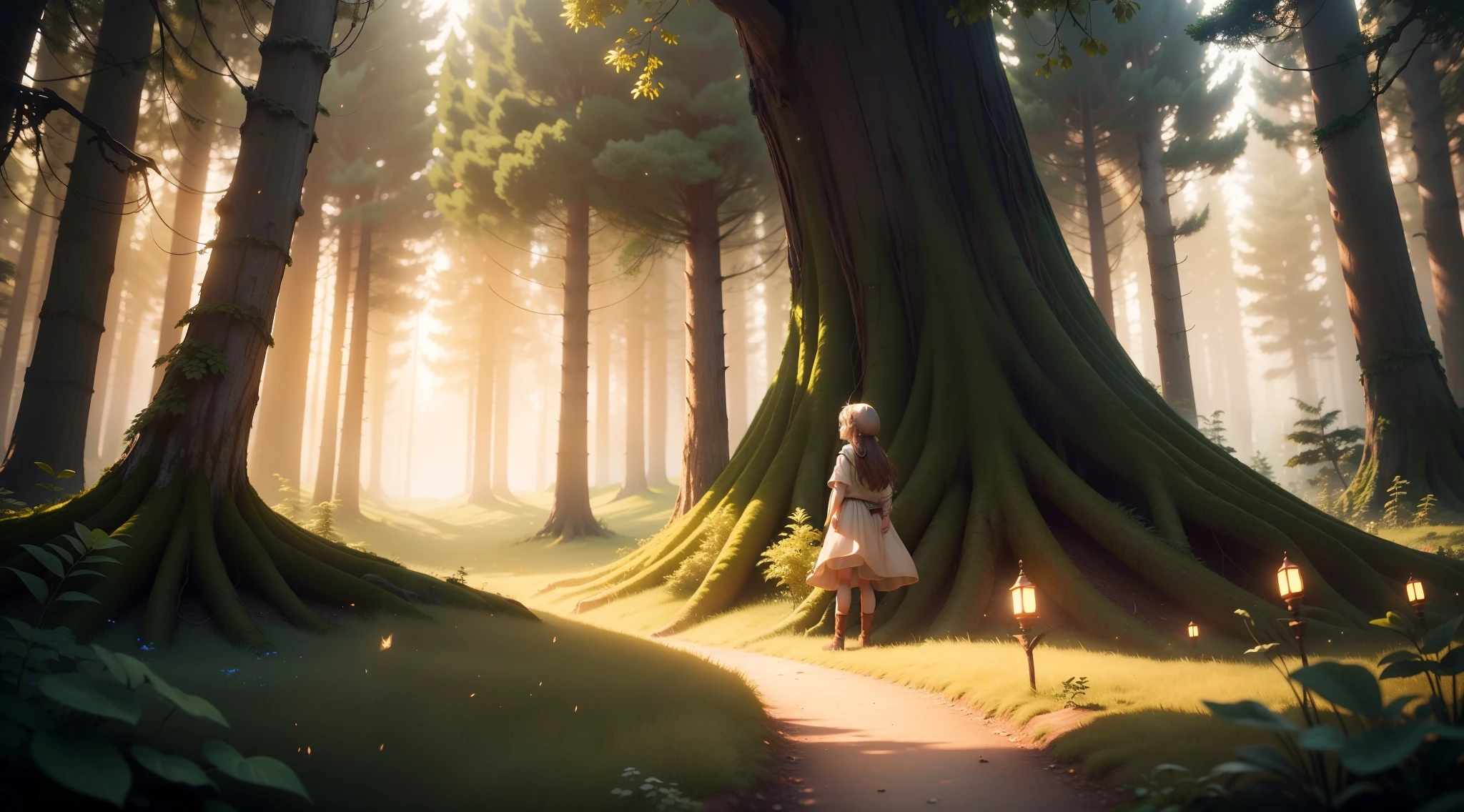 A forest filled with soft light of fire flies ,dawn,Lumi a girl ,a protagonist,meets an ancient wise tree named Elder tree,3D style animation,high resolution, detailed elements ,4k