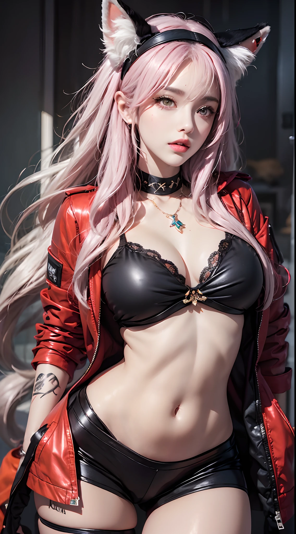 Photorealistic, high resolution, 1 woman, Hips up, Beautiful eyes, Long hair, ringed eyes, jewelry, tattoo, infection monitor (arknight), Angelina (arknight), Blush, double tails, shairband, Animal ears, red hairband, Closed mouth, Fox ears, bangs, Red jacket, Black shirt, shirt, Orange eyes, Jacket, Back view