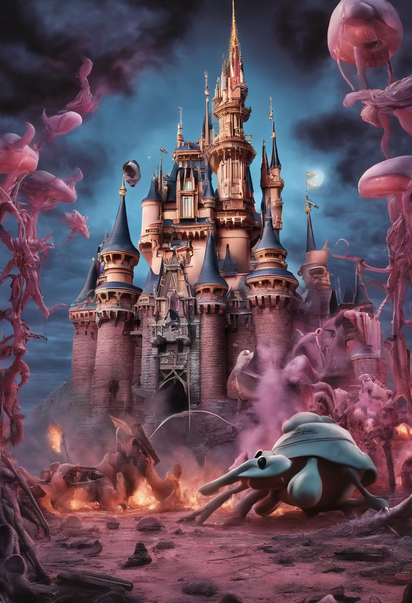 Mickey Mouse, razor sharp teeth, nazi uniform, Donald Duck stabs Mickey mouse, donald wears islamic clothing, zombie flamingos in the background, disney castle burning and destroyed, high detail, photorealism, hyperreal, very detailed background