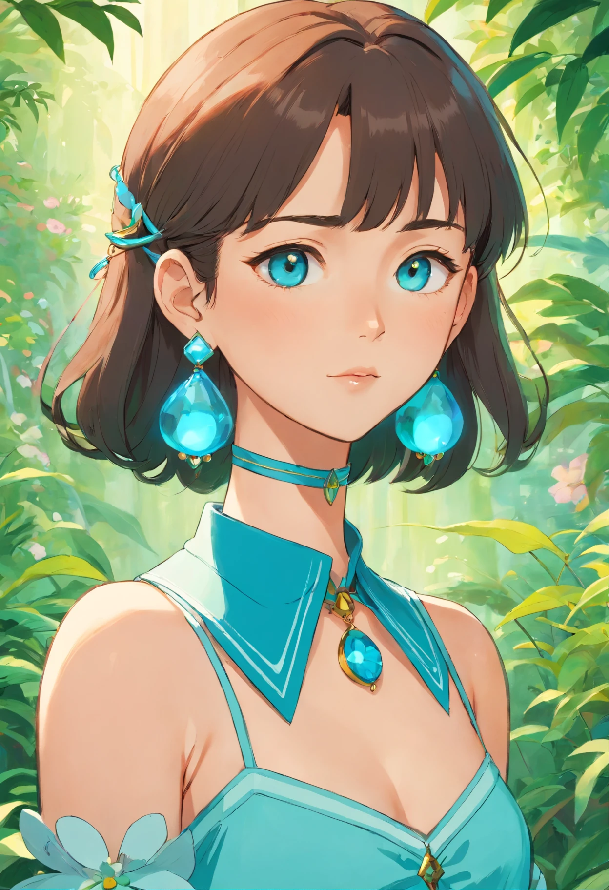 a girl wearing an anime collar, a long necklace and earrings, in the style of tranquil gardenscapes, colorful animation stills, masami teraoka, aquamarine, paul gauguin, Embry style, honest portrayal,{{NSFW}}