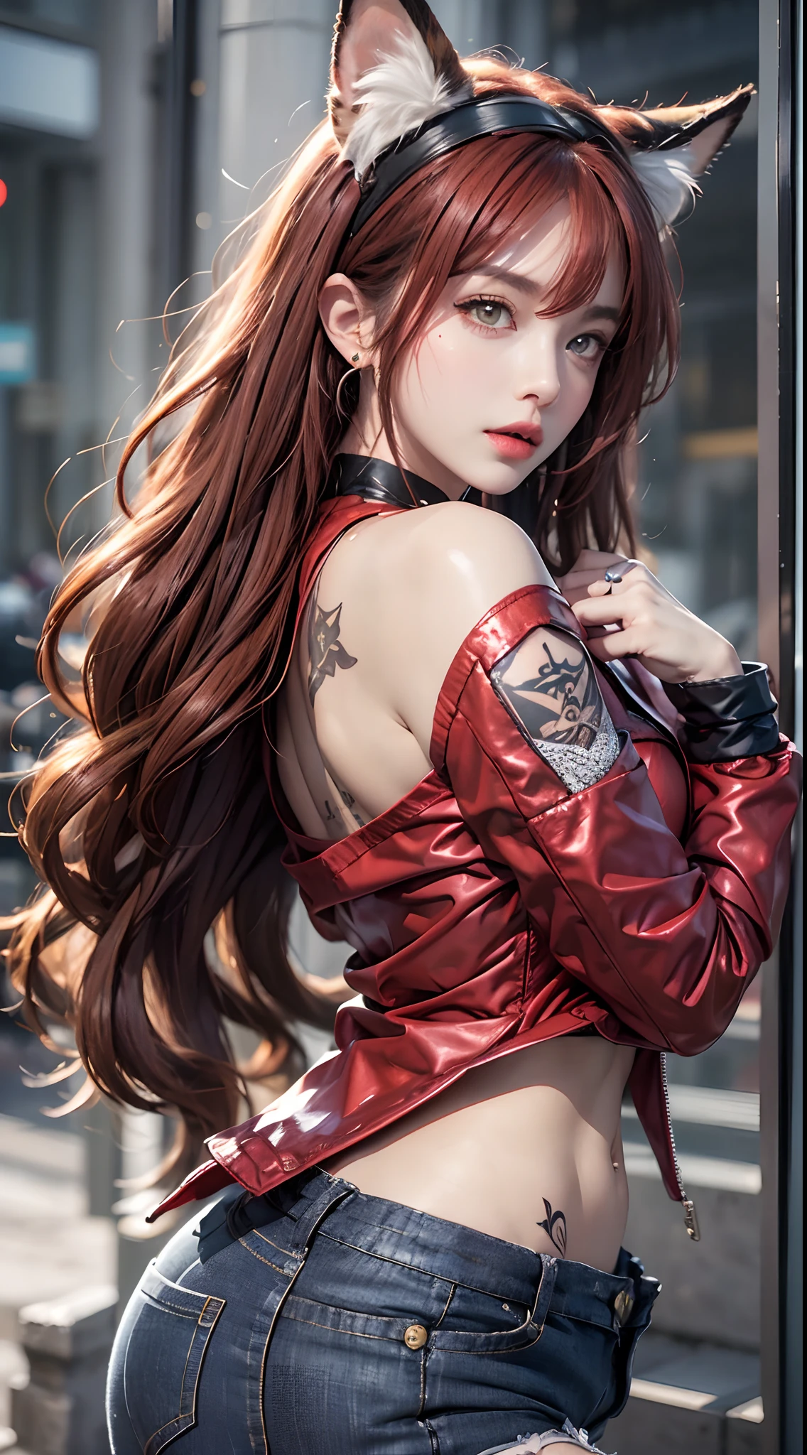 Photorealistic, high resolution, 1 woman, Hips up, Beautiful eyes, Long hair, ringed eyes, jewelry, tattoo, infection monitor (arknight), Angelina (arknight), Blush, double tails, shairband, Animal ears, red hairband, Closed mouth, Fox ears, bangs, Red jacket, Black shirt, shirt, Orange eyes, Jacket, Back view