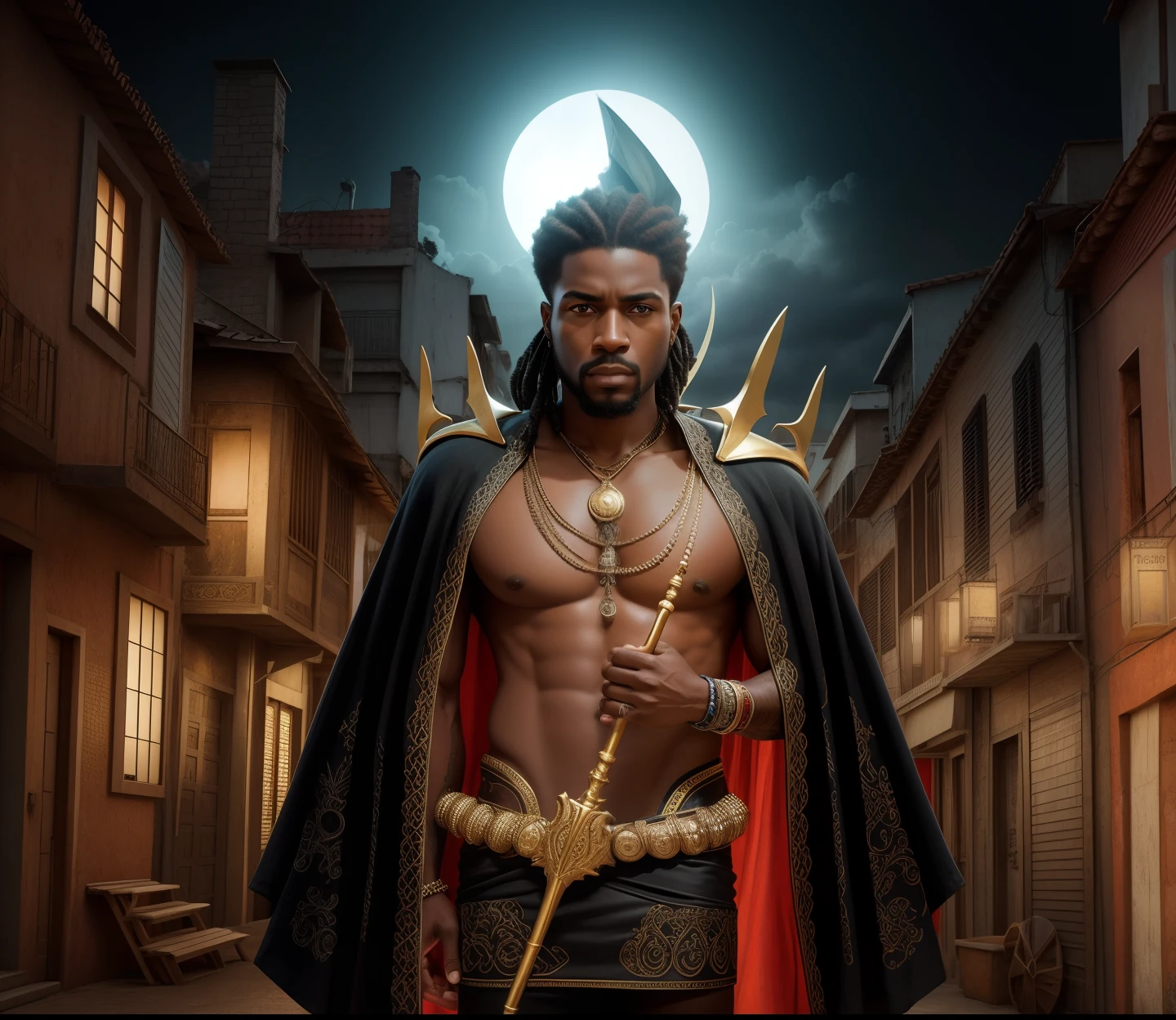 homem ?????, afrodescendente, holding with both hands in large and perfect golden trident, como o tridente de posseidon, ar misterioso, Bruxo, exu, with several bony collars and a small animal skull on the neck, with ultra-realism and perfection, Realismo, renderizado, Alto contraste, digital art photographyrealistic trend in Artstation 8k HD high definition detailed realistic,  detalhado, textura da pele, hiper detalhado, textura de pele realista, armadura, melhor qualidade, ultra high-resolution, (fotografiarrealista: 1.4), alta resolução, detalhado, Calado bruto, sharp re, por lee jeffries Nikon D850 Filme Fotografia de Stock 4 Kodak Portra 400 Lente F1.6 Rich Colors Realistic Texture Dramatic Texture Dramatic Lighting Irrealengine Trend on Artstation Cinestill 800