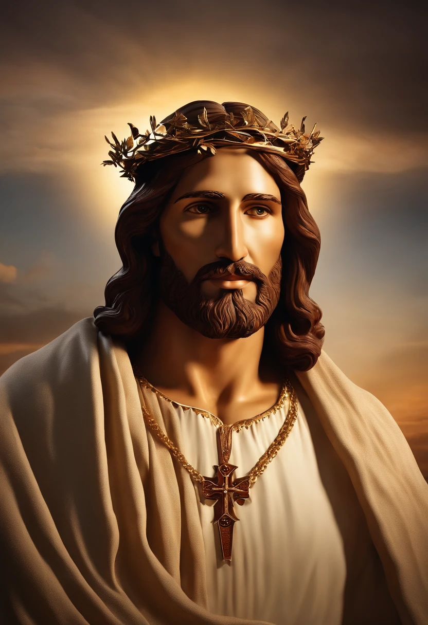 Por favor, create a high-definition image of Jesus Christ with a focus on your bust, em um ambiente sereno e inspirador, where He radiates love and compassion. A imagem deve capturar Sua bondade e divindade, com cores suaves e uma atmosfera de paz. Make sure the image is detailed and suitable for large-format printing.