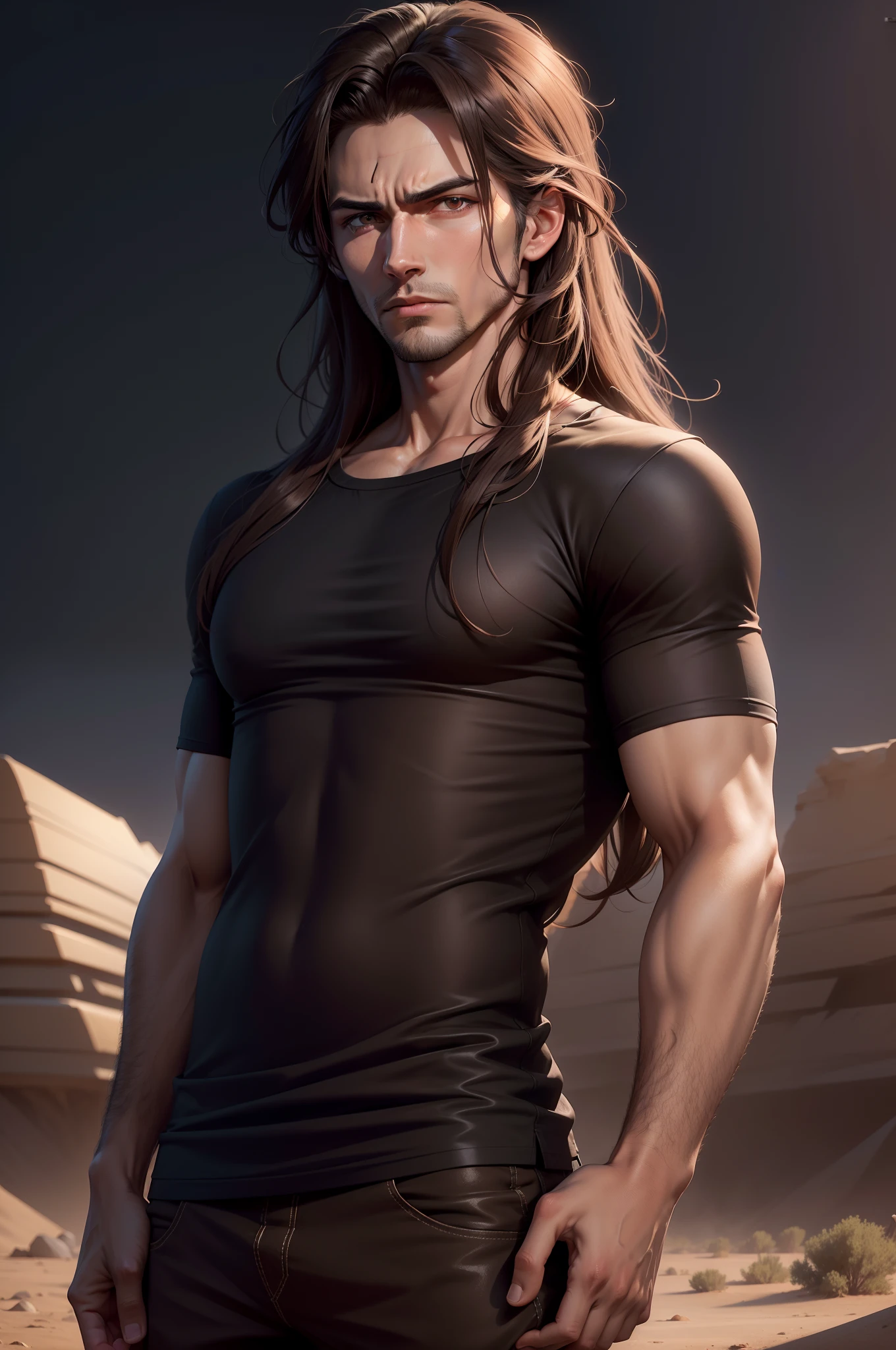 8K realistic image of a handsome 23 year old man, long brown hair, eyes browns, dressed in a simple black casual shirt, with bandages on arms, serious expression, amidst the ruins one night, anime-style artwork