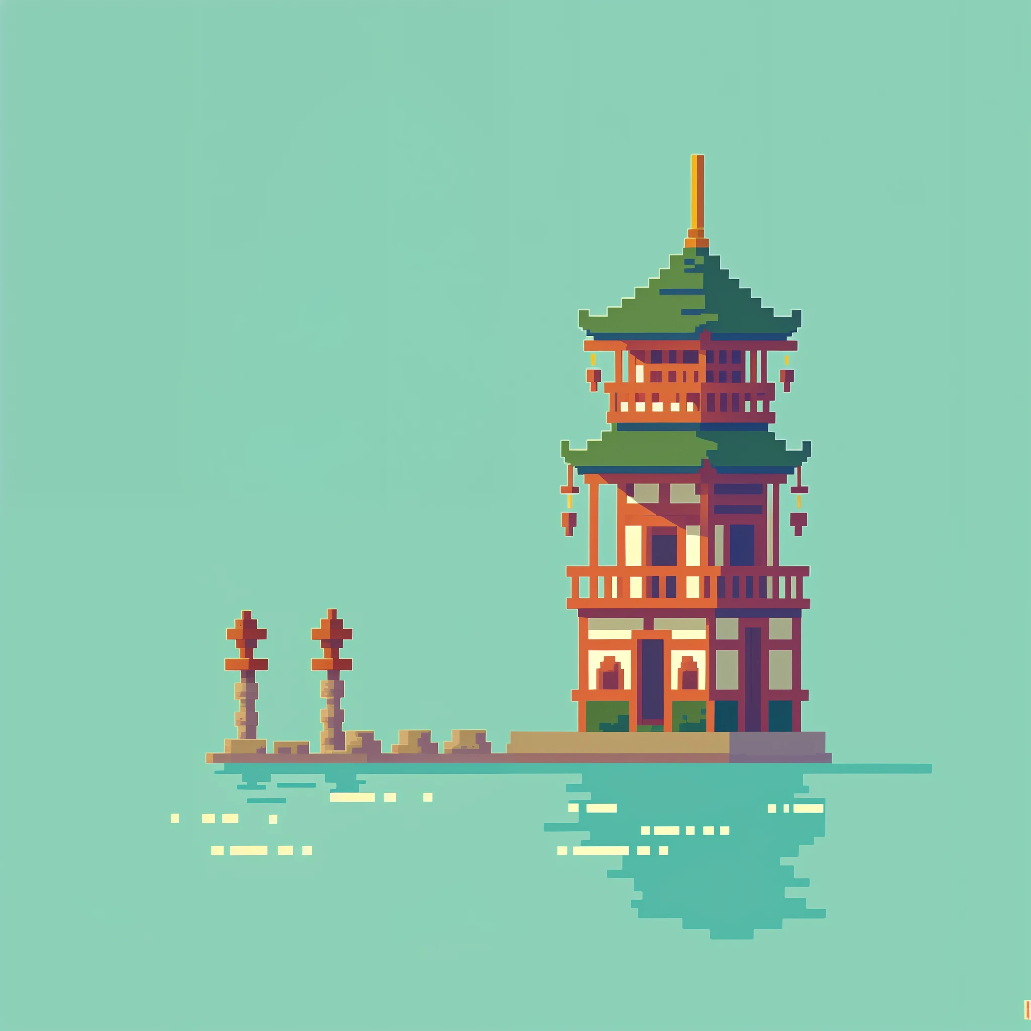 pixel art of a pagoda in the middle of a body of water, digital painting of a pagoda, beautiful detailed pixel art, zen temple background, #pixelart:3, inspired by Tōshi Yoshida, background depicting a temple, concept pixelart, pixel art style, detailed pixel art, detailed pixel artwork, pixel art animation, #pixelart, # pixelart, water temple