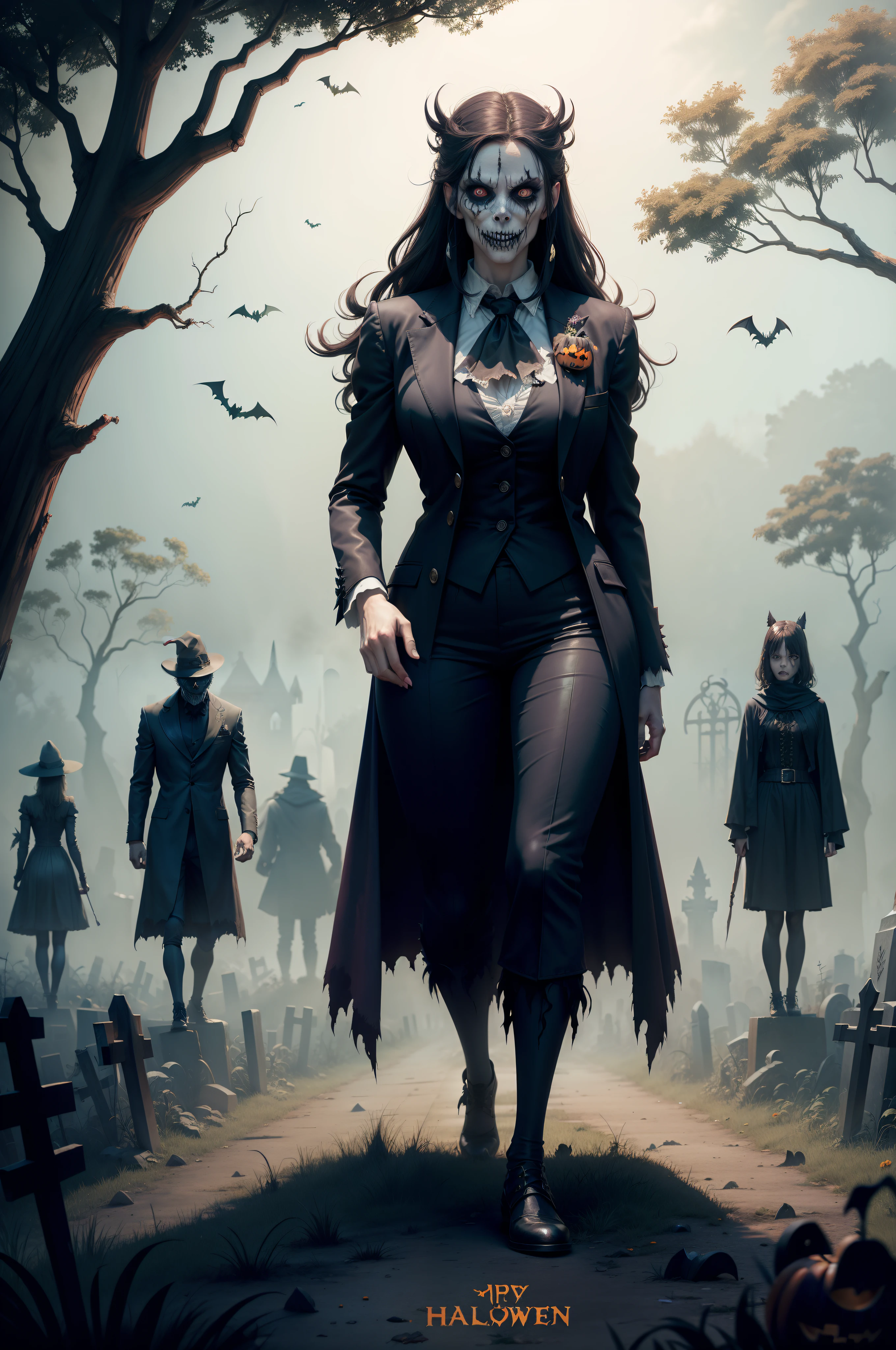 Halloween monsters, in a spooky overgrown graveyard setting