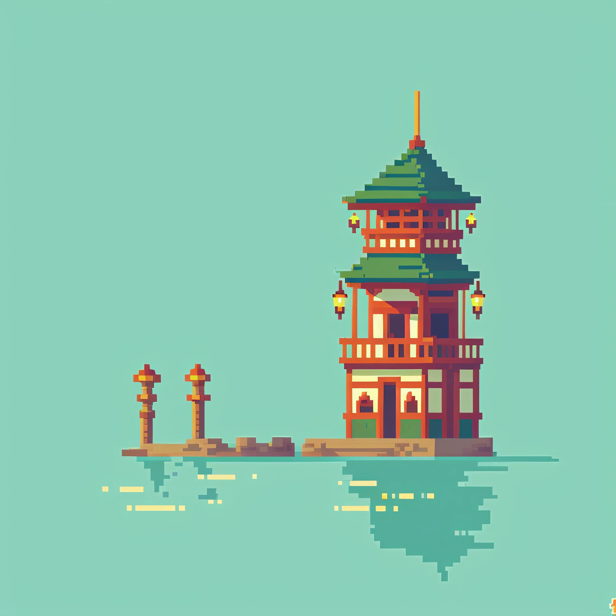pixel art of a pagoda in the middle of a body of water, digital painting of a pagoda, beautiful detailed pixel art, zen temple background, #pixelart:3, inspired by Tōshi Yoshida, background depicting a temple, concept pixelart, pixel art style, detailed pixel art, detailed pixel artwork, pixel art animation, #pixelart, # pixelart, water temple