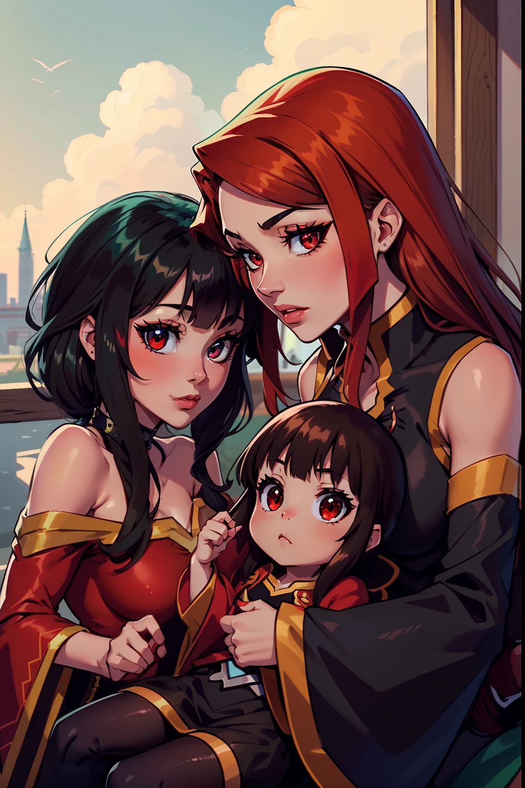 Megumin (Megumin have black hair, red Eyes) with her little three daugheters Esmeralda, Ruby, Aria Rose : (Esmeralda have brown hair , red eyes). (Ruby have Red Hair, green eyes), (Aria Rose have Black hair, blu eyes)