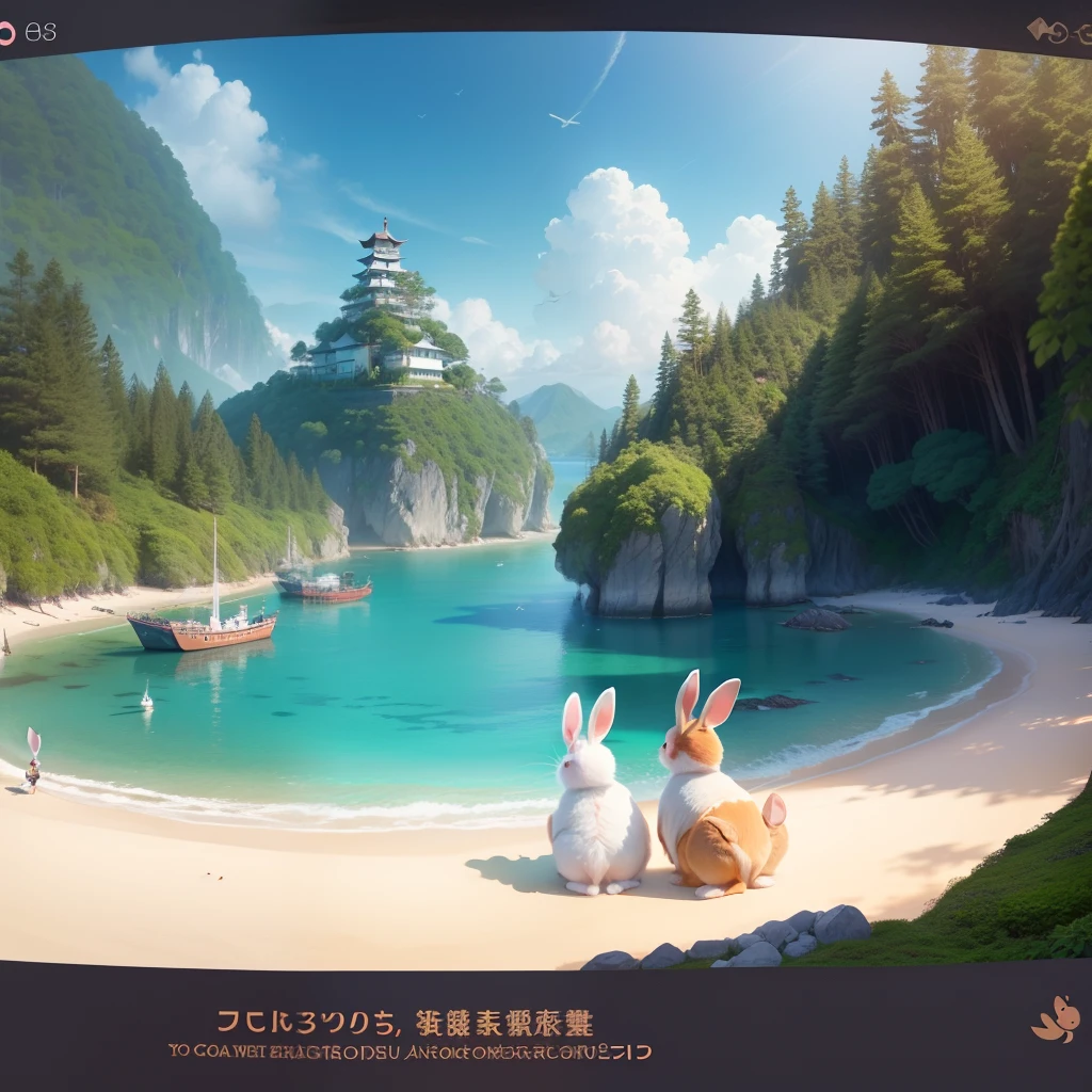 Create an enchanting artwork depicting the famous 'Rabbit Island' in Japan. Visualize a picturesque island landscape covered in lush greenery, with adorable rabbits of various colors and sizes hopping around freely. Include a tranquil beach with crystal-clear waters and a backdrop of scenic hills. Capture the pure joy and interaction between visitors and these friendly bunnies as they share this idyllic island paradise.
