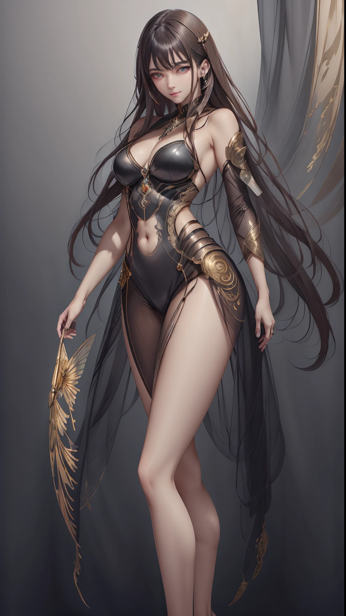 Beautiful cyborg portrait with 8k brown hair，iintricate，ellegance，Highly meticulous，A majestic，Digital photography，Art by Artgerm and Ruan Jia and Greg Rutkowski surrealist paintings of golden butterfly filigree，brokenglass，（tmasterpiece，Sideslit，exquisite and beautiful eyes：1.2 ), Human Development Report,Gold tulle tights，Exposing the skin of the lower back，Exposed chest，Shoulders exposed，