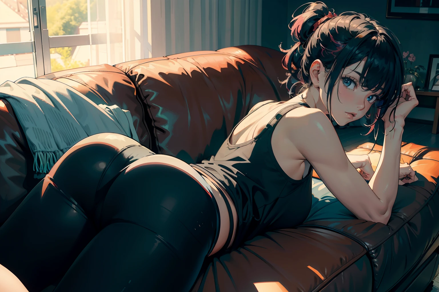 Masterpiece, highres, high Quality, at home, from back, lying on the couch, lying face down, (looking at the couch guard:1.5), leggings, shirt tank top, colored hair, tied up,