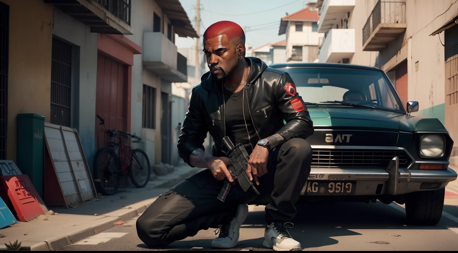 There's a man , gta personagem, Como o protagonista de GTA 5, GTA V Estilo, como um personagem de gtav, corte de cabelo red,cabelo red,Kanye West em GTA v, Estilo GTA5, gta v personagem, empunhando fuzil de assalto,rifle in hand ,fuzil AK-47 ,gta 5 tom de pele negro,em favela estilo brasil,favela