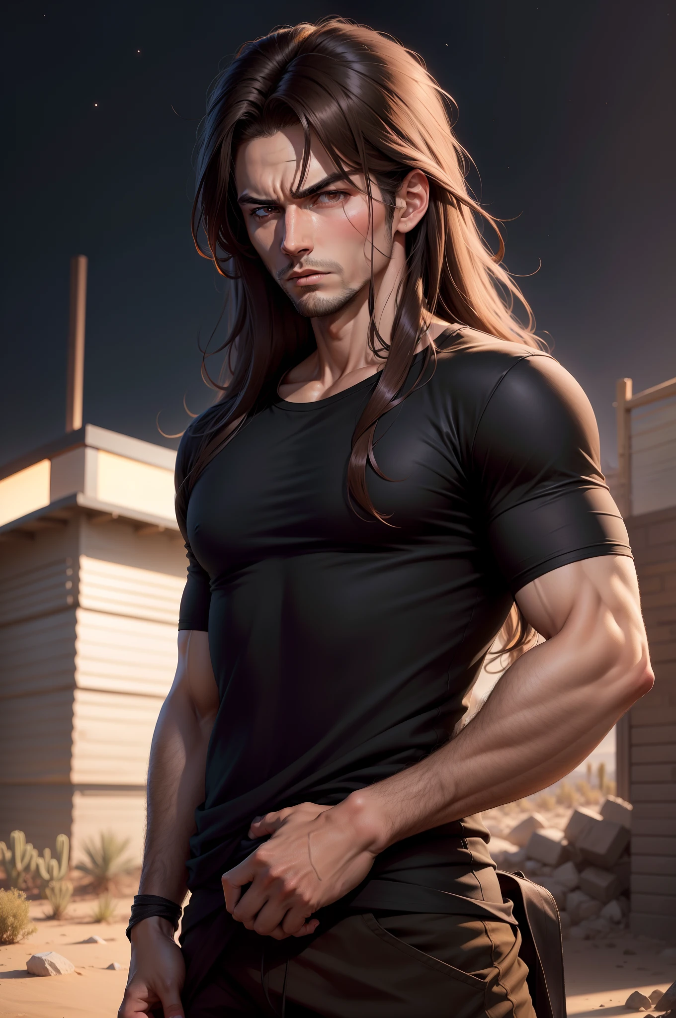 realistic 8k image of a handsome 23 year old man, long brown hair, brown eyes, dressed in a simple black casual shirt, with bandages on his arms, angry expression, standing under a desert night sky, art style anime