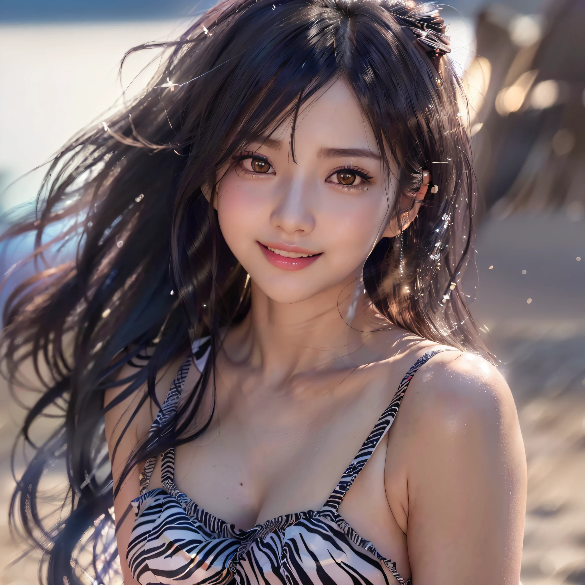 ((8k, RAW photos, top quality, masterpieces), high-definition RAW color photos, (realistic, photorealism:1.3), (highest quality), (best shadows), (best illustrations), (1girl:1.1), ((ultra high resolution, high-definition CG unified 8K wallpapers, physically based rendering, movie lighting), 18 years old girl, (Zebra print, Ruffled Tank Top, frilled miniskirt), beautiful detail eyes, light on the face, ((close up:1.2)), especially strong light, (upper eyes, grinning smile:1.2), shiny skin, (((black hair, semi-long hair:1.2))), (thick thighs), shy, sexy, (flash:1.2), ((good anatomy:1.2)), ((On the beach:1.2)), perfect face, cute face, (high angle shot:1.2), (Show cleavage), perfect body, make up