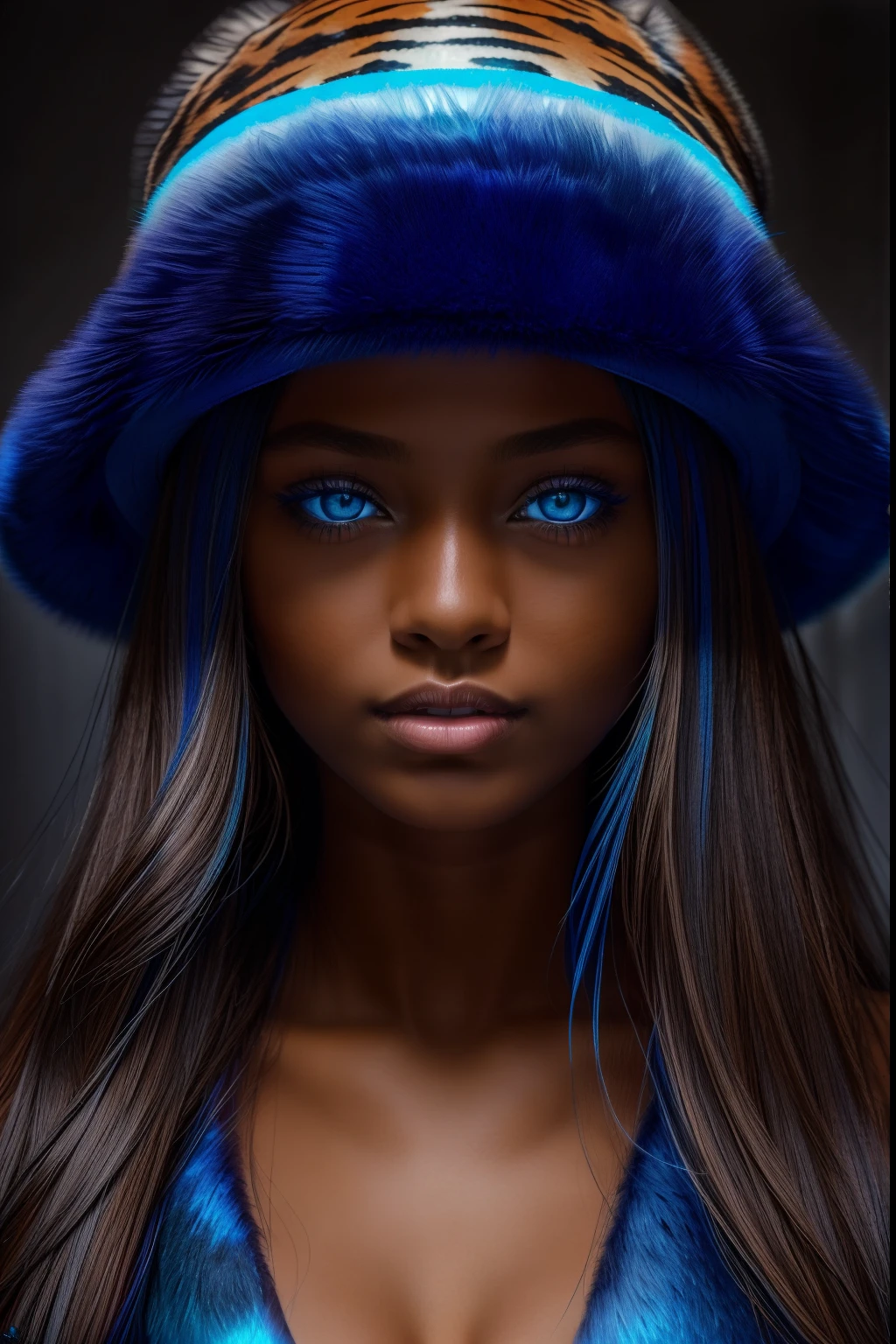 Best quality, ultra high res, hyperdetailed. The girl looks into the frame, she has blue eyes, the overall light is dark, the girl’s skin is multi-colored in a beautiful glow, the girl is wearing a small black hat, her skin consists of tiger fur