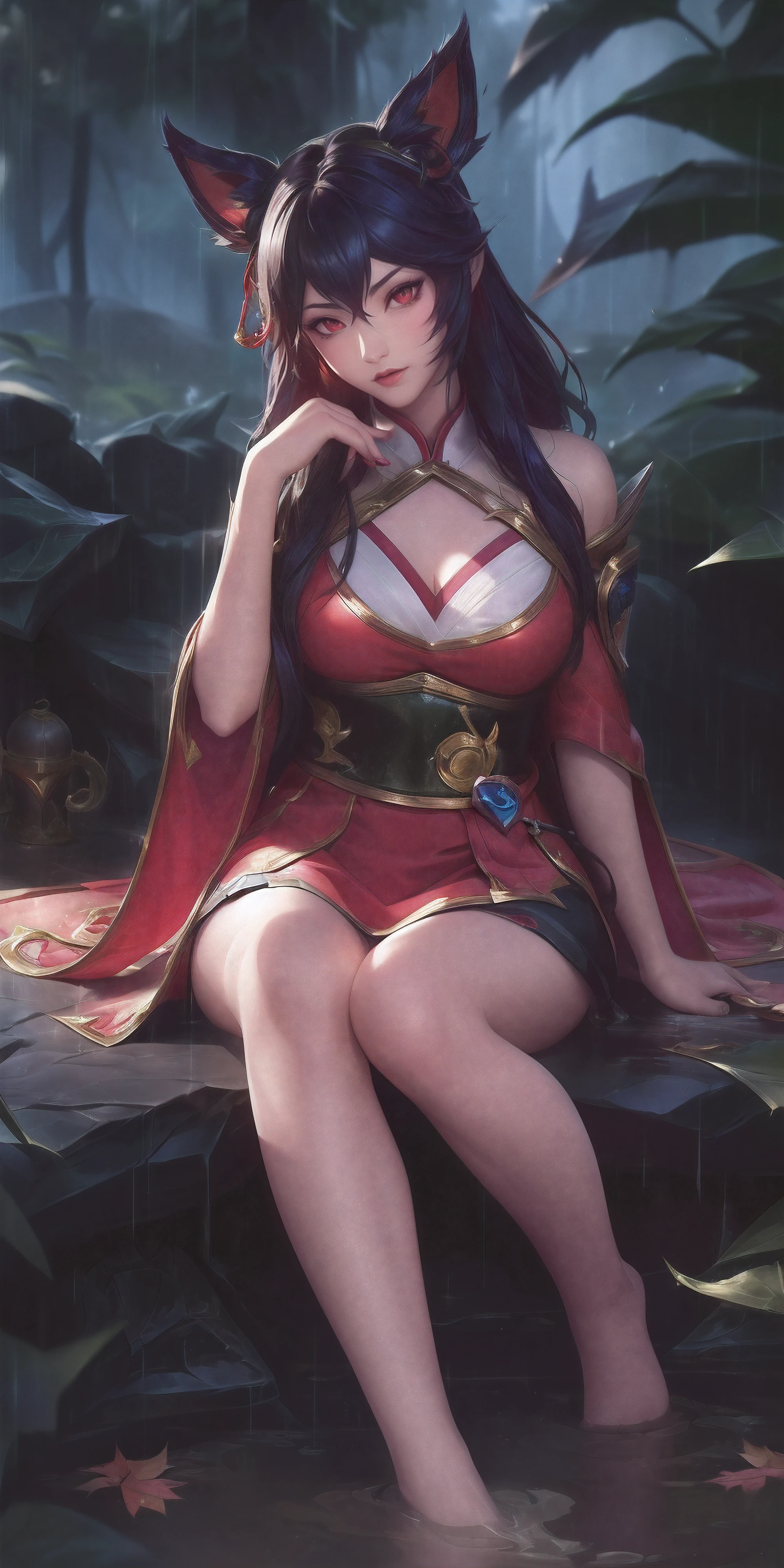 (League of Legends:1.5), (detailed manga illustration:1.2),(masterpiece:1.25),(best quality), (ultra-detailed:1.25),(idyllic),chinese classical style, (rain:1.2),raindrop, (maplegrove:1.3),dense leaves, rockery landscapr, spring water, [ink painting], (mournful, poignant), (color splashing:1.15),(watercolor:1.2),(depth of field:1.25),(solo:1.5) ,[ghostdom], backlight, [looking to the side],
(1 beautiful girl:1.25) with (chinese hanfu: dark red+black),(chinese antiquities) and gorgeous,(hair ribbon),(fox ears),(detailed beautiful red eyes:1.15), (beautiful face:1.15), (black long hair, gradual dark red colored tips), (fox tail),(maple leaves, fallen leaves),soaking feet, expressionless, sitting under a maple tree,