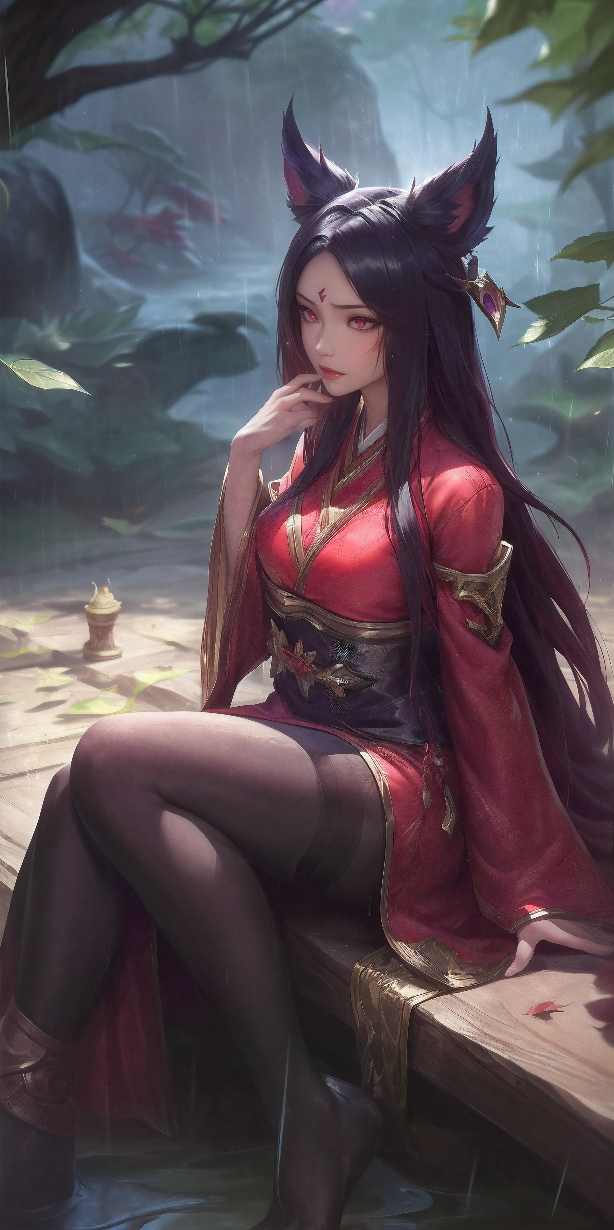 (League of Legends:1.5), (detailed manga illustration:1.2),(masterpiece:1.25),(best quality), (ultra-detailed:1.25),(idyllic),chinese classical style, (rain:1.2),raindrop, (maplegrove:1.3),dense leaves, rockery landscapr, spring water, [ink painting], (mournful, poignant), (color splashing:1.15),(watercolor:1.2),(depth of field:1.25),(solo:1.5) ,[ghostdom], backlight, [looking to the side],
(1 beautiful girl:1.25) with (chinese hanfu: dark red+black),(chinese antiquities) and gorgeous,(hair ribbon),(fox ears),(detailed beautiful red eyes:1.15), (beautiful face:1.15), (black long hair, gradual dark red colored tips), (fox tail),(maple leaves, fallen leaves),soaking feet, expressionless, sitting under a maple tree,