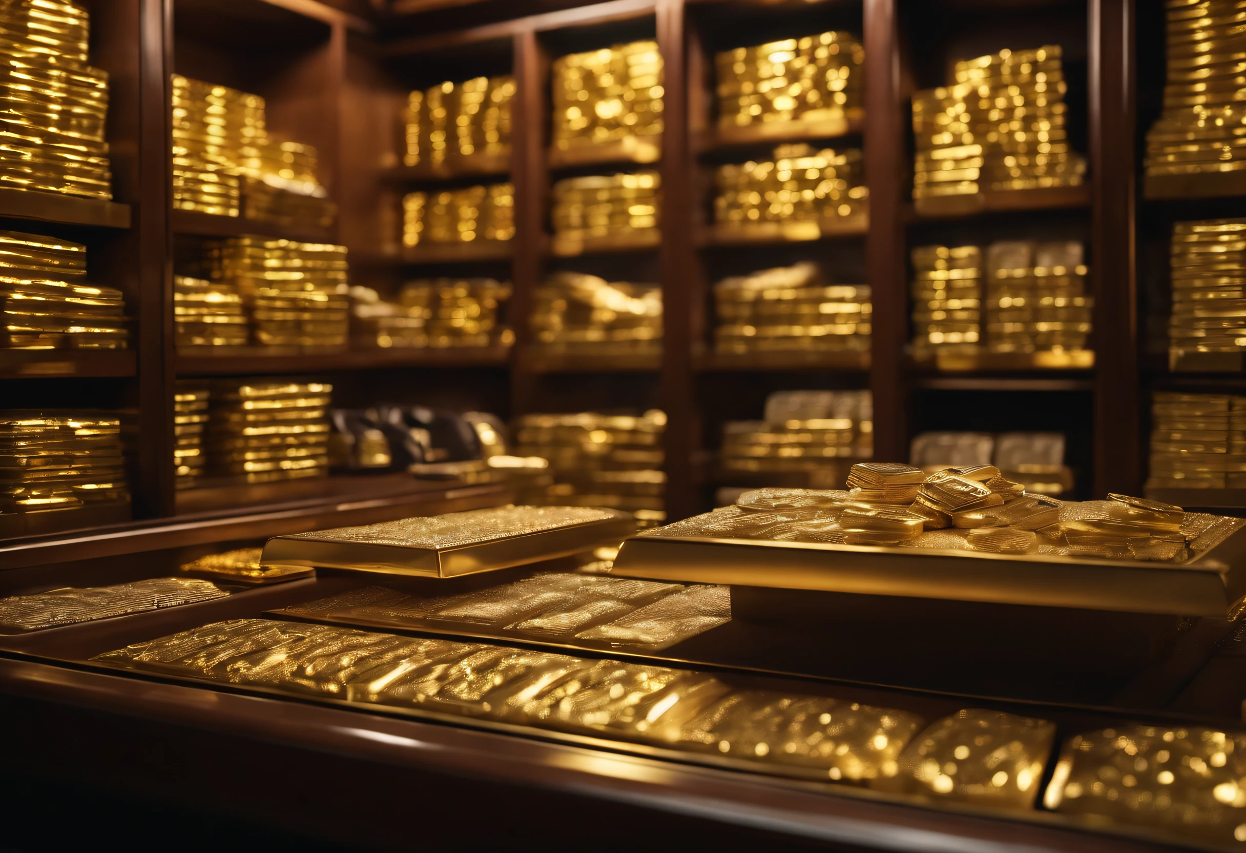 (a table inside the vault of a bank with lots of money, gold bars, jewelry, ultra-definition, realistic, 8k