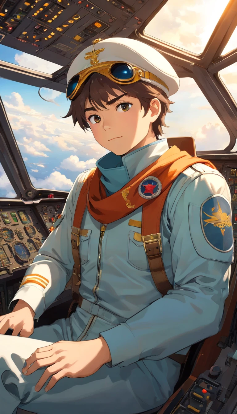 masterpiece, Portrait of a male pilot sitting in the cockpit, The pilot wears an Acrisp suit.., Custom flight suit,Embellished with scarves and patches that represent their experience and expertise... The pilot wears the captain's helmet.., Cockpit interior scene in cinema, Take a warm bath.., Golden Light,Encapsulate the essence of aviation. The cockpit is filled with lighting panels., Dials and buttons., Convey a sense of precision and control. The pilot looked at the dashboard and pressed a button through the transparent roof.., A spectacular view of the vast sky spreads out.., Spot with fluffy white clouds and streaks of sunlight against other commercial planes flying in the background.., The pilot's hand gently grasped the control yoke.. , epic scene, vibrant colours, Full HD, Dynamic lighting, Ultra-high detail, dramatic light, Movie Poster Style, Asymmetrical composition, photorealistic portrait, unreal engine, Concept Art