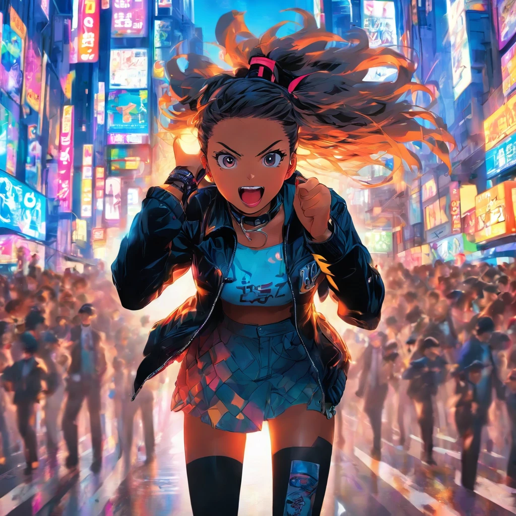 comics. Background is a scramble crossing in Shibuya, Tokyo; DJ Police. A police girl holding a microphone and shouting, her large breasts open.
