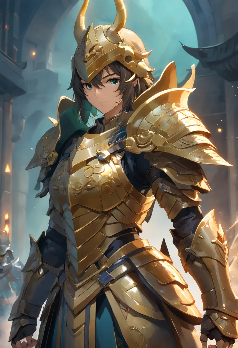 guerreiro, arte conceitual, Directed by: Kishi Ganku, arte de fantasia, Fundo do templo zen, clean render, um chifre, vestindo uma armadura, detailed bushido form smoke, capacete de uma divindade esquecida, character is standing, 8k realista, in game render, detalhe detalhado do fundo do rosto, Art Station home page, boi, pseudo - fantasia medieval, Divindade com armadura koi, armadura de bronze detalhada, Armadura de Bronze, armadura gravada dourada, Armadura Obsidiana de Ouro, armadura de ouro claro, armadura de filigrana ornamentada, demon warrior, armadura ornamentada coberta de espinhos, intrincada armadura assasin, intrincada armadura de metal, Formidable warrior, revestido com uma armadura dourada ornamentada adornada com desenhos intrincados, capacete ostentando uma grande crista e dois chifres, tudo contra um escuro, smoky scenery suggestive of a battle scene, lending a sinister aura to your persona