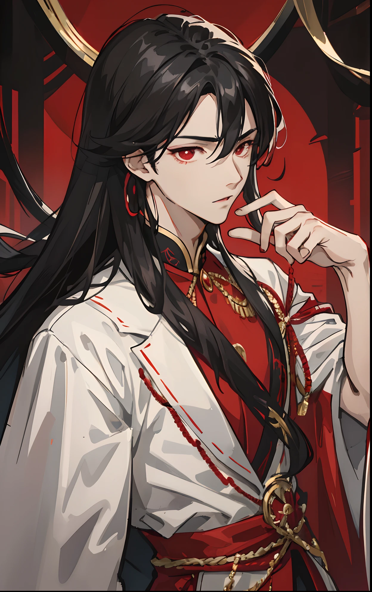Boy, should length Black hair, handsome face,red eyes, dressed in noble attire,
