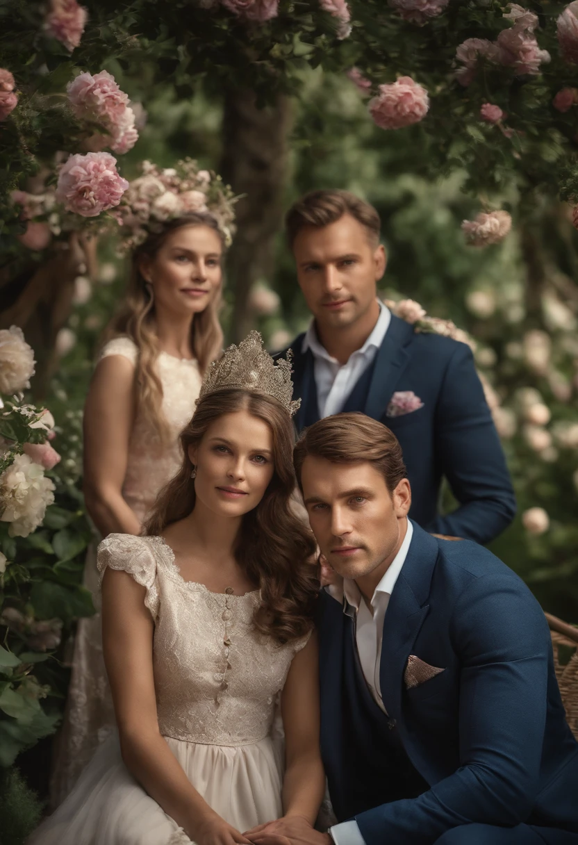 royal family with mother, father, two little princess and a prince in a garden WITH LOTS OF FLOWERS, intricate details, HDR, beautifully shot, realistic, sharp focus, 64 megapixels, perfect composition, high contrast, cinematic,