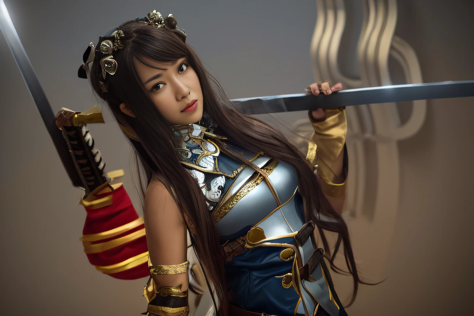 Woman in costume with sword in hand