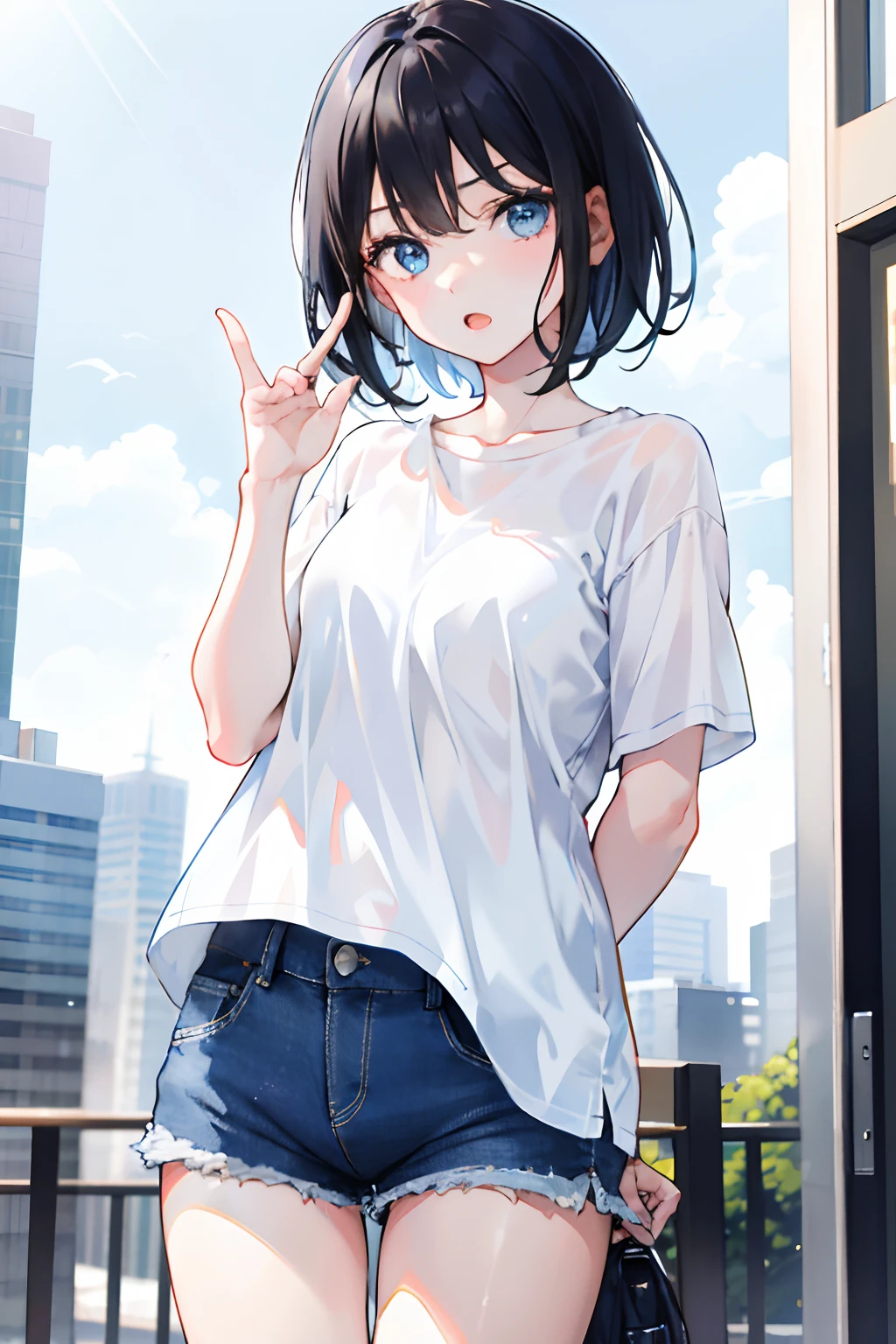 1girl, short black hair, blue eyes, expressive face, open-mouthed, wearing plain white shirt, denim shorts, city, absurdres, high res, ultrasharp, 8K, masterpiece, looking at viewer
