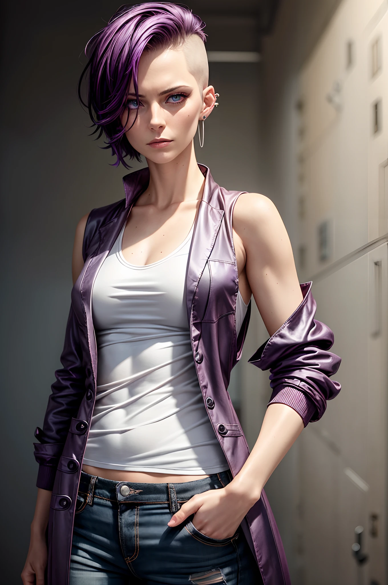 spiky short Jet-black buzz cut hair with hints of purple, bright blue eyes, facial blend of Emma Stone, Tilda Swinton, and Sigourney Weaver. 35-year-old female appearance, worn-out (((lab coat))) hanging open, revealing a faded grungy tank-top, well-worn jeans, mid-shot, neutral background, multiple ear piercings