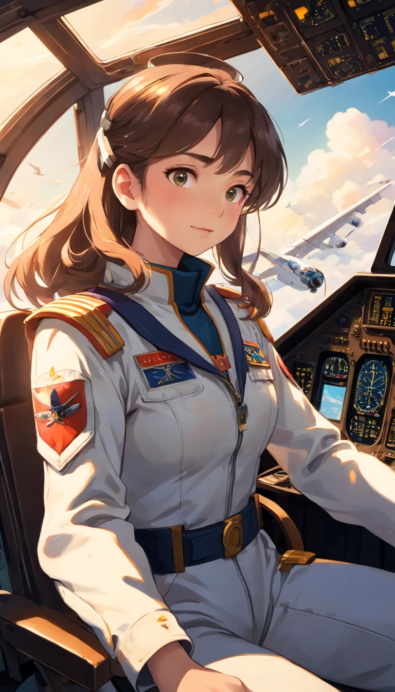 masterpiece, Portrait of a beautiful young pilot sitting in the cockpit, The pilot wears an Acrisp suit..., Custom flight suit,Embellished with scarves and patches that represent their experience and expertise.... The pilot wears the captain's helmet..., Cockpit interior scene in cinema, Take a warm bath..., Golden Light,Encapsulate the essence of aviation. The cockpit is filled with light panels.., Dials and buttons., Convey a sense of precision and control. The pilot looked at the dashboard and pressed a button through the transparent roof..., A spectacular view of the vast sky spreads out..., Spot with fluffy white clouds and streaks of sunlight against other commercial planes flying in the background..., The pilot's hand gently grasped the control yoke... , epic scene, vibrant colours, Full HD, Dynamic lighting, Ultra-high detail, dramatic light, Movie Poster Style, Asymmetrical composition, photorealistic portrait, unreal engine, Concept Art