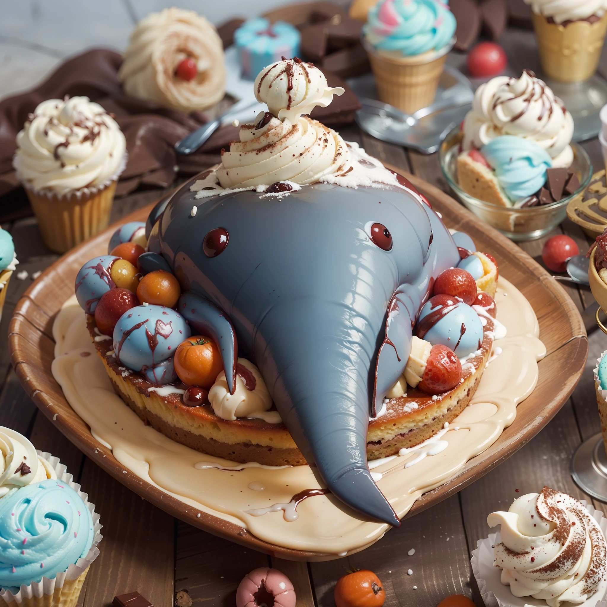 An ice cream, morango,Whale-shaped cake, It is topped with a thick layer of chocolate, Very beautiful, It's delicious, it's in a cone that looks like a work of art, it's dreamy, it's cute