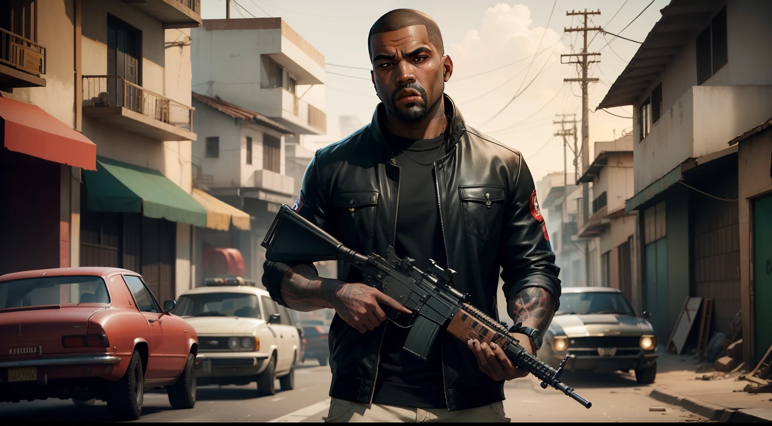 There's a man , gta personagem, Como o protagonista de GTA 5, GTA V Estilo, como um personagem de gtav, corte de cabelo red,cabelo red,Kanye West em GTA v, Estilo GTA5, gta v personagem, empunhando fuzil de assalto,rifle in hand ,fuzil AK-47 ,gta 5 tom de pele negro,em favela estilo brasil,favela
