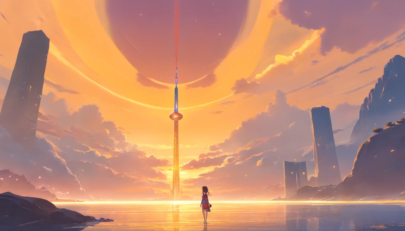 Stuart Lippincott style,God Online,in awe,Light,The Divine World,Floating huge futuristic statue,Skysky,Awe-inspiring and peaceful,Detailed composition,Subtle geometric elements,refuge,Fresh and soft atmosphere,amber hues,Tiny human figures surround huge statues,Fluid,Powerful and small coexist,Yuri Shwedoff style,Philip McKay style,Works of masters,超詳細,HighestQuali,8k