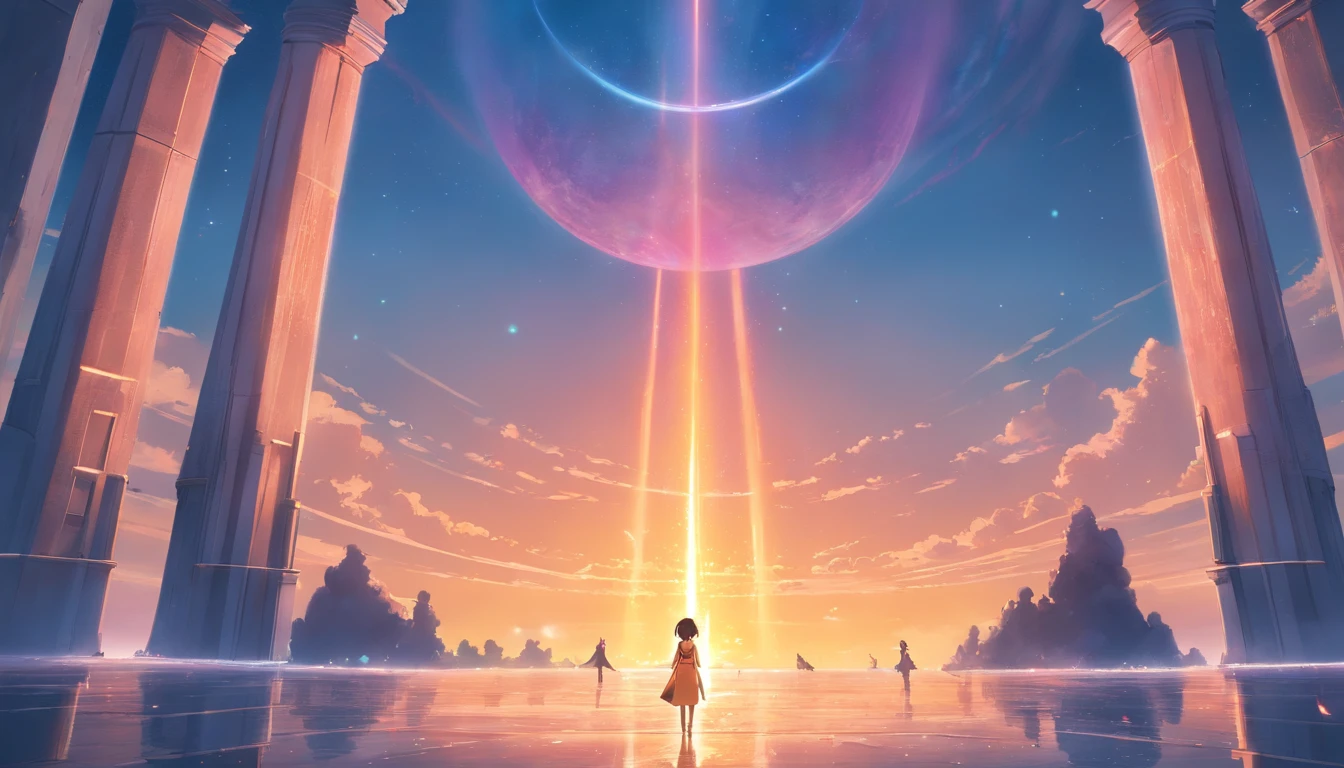 Stuart Lippincott style,God Online,in awe,Light,The Divine World,Floating huge futuristic statue,Skysky,Awe-inspiring and peaceful,Detailed composition,Subtle geometric elements,refuge,Fresh and soft atmosphere,amber hues,Tiny human figures surround huge statues,Fluid,Powerful and small coexist,Yuri Shwedoff style,Philip McKay style,Works of masters,超詳細,HighestQuali,8k
