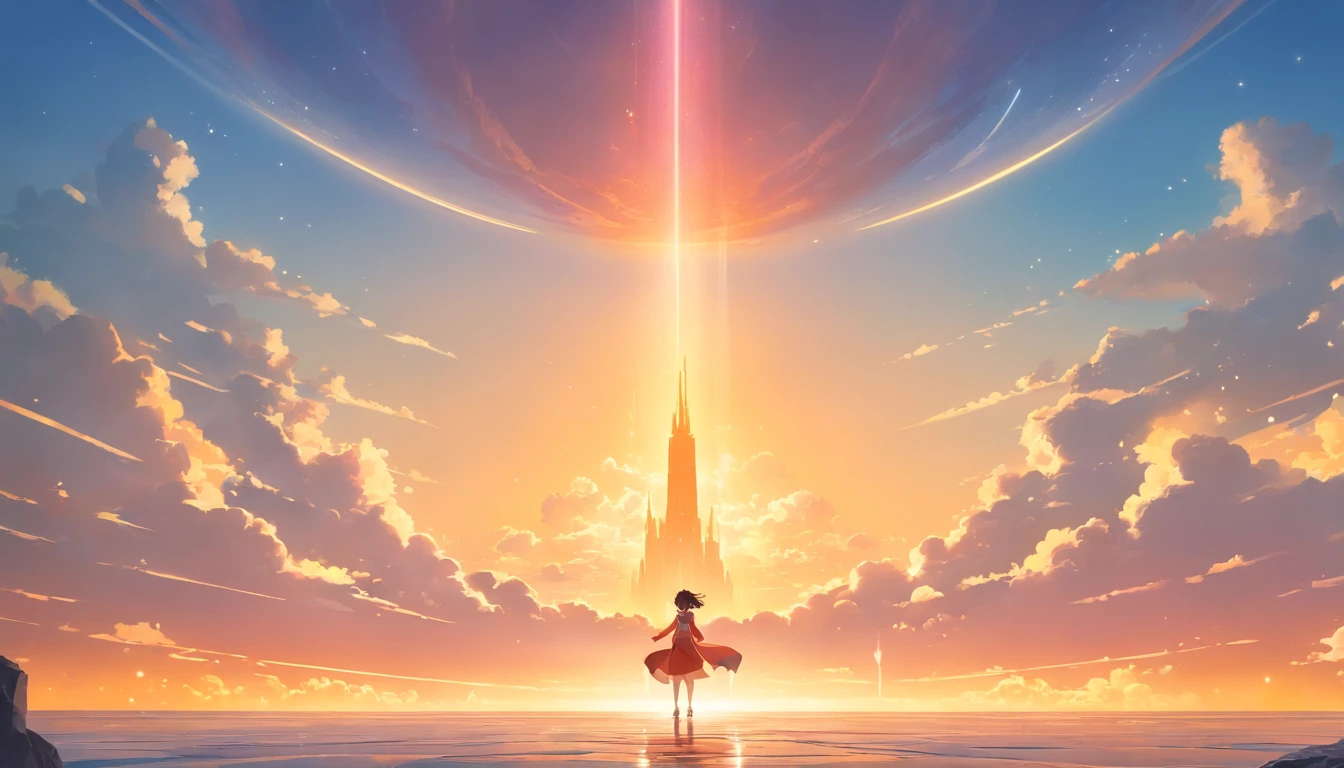 Stuart Lippincott style，God Online，in awe，Light，The Divine World，Floating huge futuristic statue，Skysky，Awe-inspiring and peaceful，Detailed composition，Subtle geometric elements，refuge，Fresh and soft atmosphere，amber hues，Tiny human figures surround huge statues，Fluid，Powerful and small coexist，Yuri Shwedoff style，Philip McKay style，Works of masters，超詳細，HighestQuali，8k